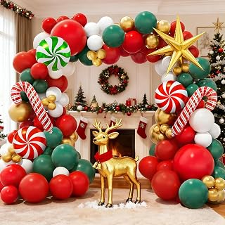 136Pcs Christmas Balloon Garland Arch Kit, Red Green White Gold New Year Xmas Balloons with Candy,Gold Star Cane Foil Balloons for Christmas Party,Birthday,Baby Shower Decorations