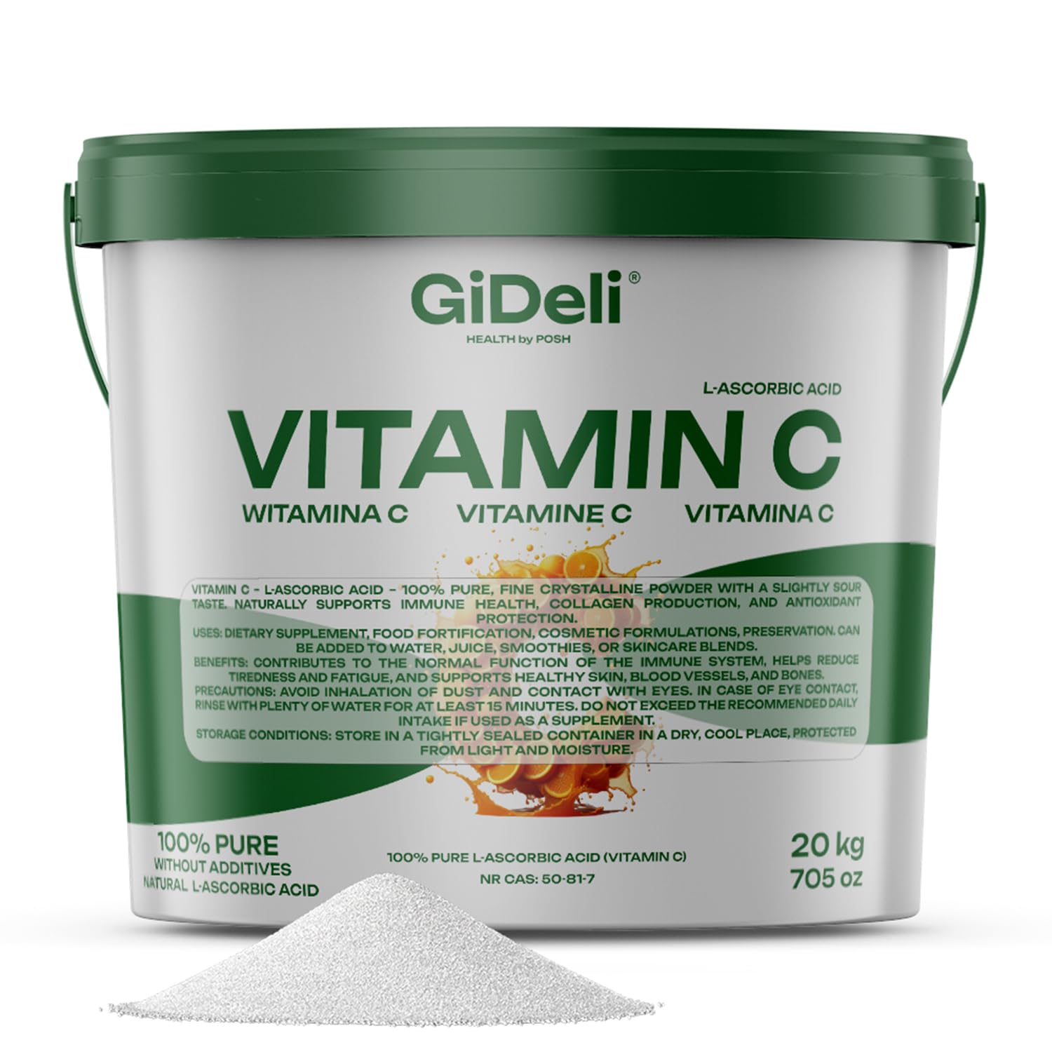 GiDeli Vitamina C polvere 20 kg puro integratore alimentare acido L-ascorbico antiossidante sistema immunitario supporto