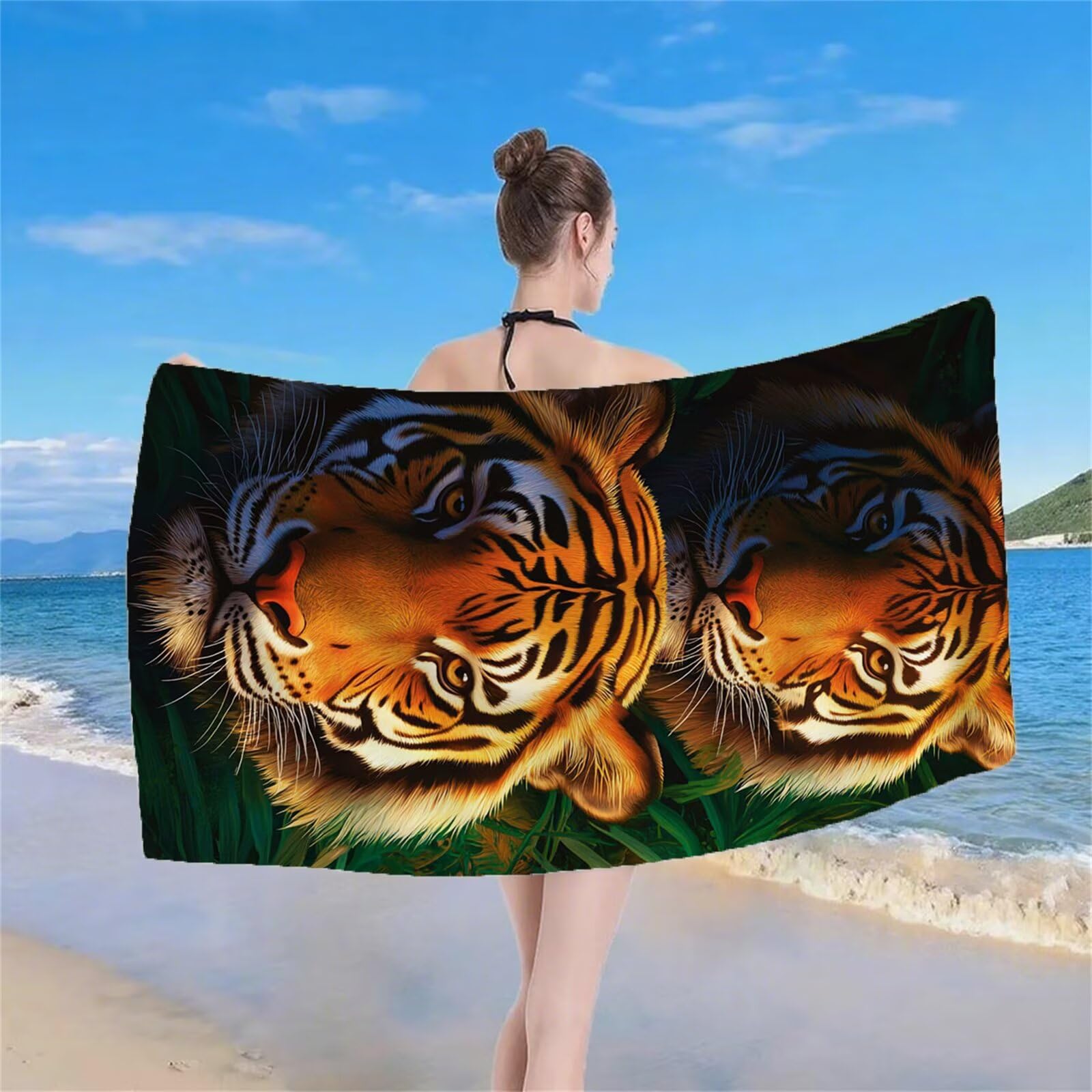 Serviette de Plage XXL 90x180 cm Anti Sable et Séchage Rapide mikrofibra Drap de Plage Serviette de Bain Grande Taille Drap de Bain pour Homme Femme Voyages Natation Camping Pique Nique Tigre S-536