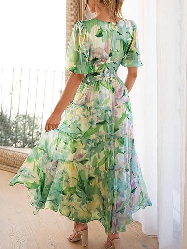 Miniatura 4 de Sissyaki Vestido largo escalonado con cuello cuadrado para mujer, manga corta, cintura alta, vestido midi fruncido