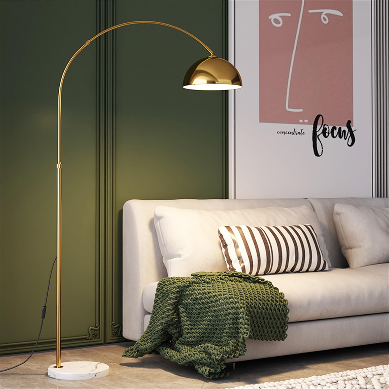Modern Arc Floor Lamps for Living Room,Tall Standing Lamp Floor Lamp with Adjustable Hanging Dome Shade,Over Couch Mid Century Arched Reading Lamp for Bedroom,Office,Gold
