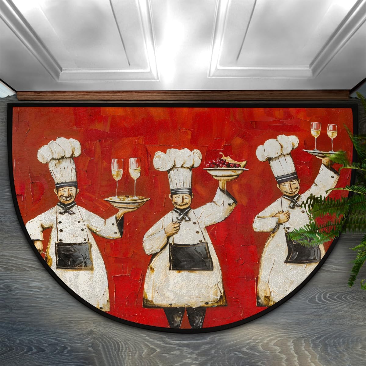 Half Round Doormat Semi Circle Rug Cartoon Chef Red Non Slip Indoor Outdoor Entrance Half Moon Rug Absorbent Durable Washable Front Floor Mat for Kitchen Bathroom Patio Fireplace
