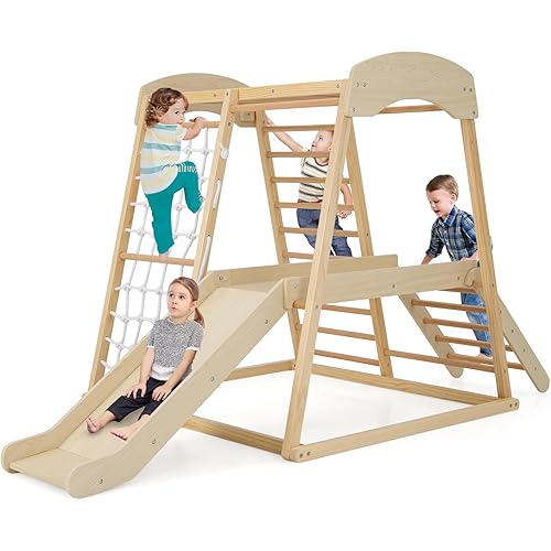 HONEY JOY Kids Indoor Jungle Gym, Large 6-in-1 Playground Climber with Slide Ramp, Monkey Bars, Climbing Net, Ladder, Wooden Montessori Climbing Toys for Toddlers Boys Girls (Natural)
