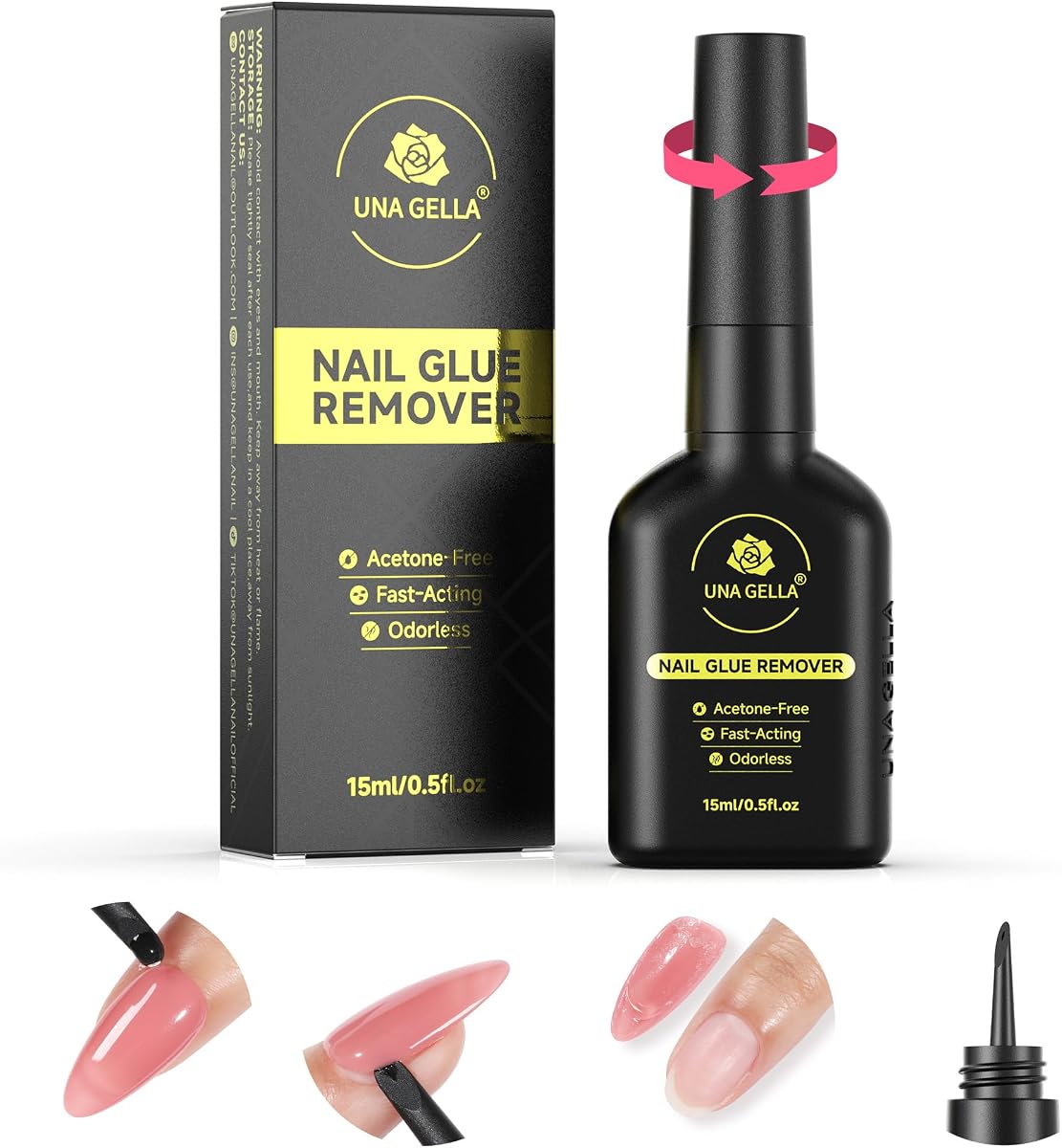 UNA GELLA Quitapegamento para uñas prensadas 15 ml sin acetona | Removedor de uñas acrílico 2 en 1 Stick&Remove mejorado para puntas de uñas postizas, removedor de uñas de Gel suave, no para capa Base de esmalte de Gel
