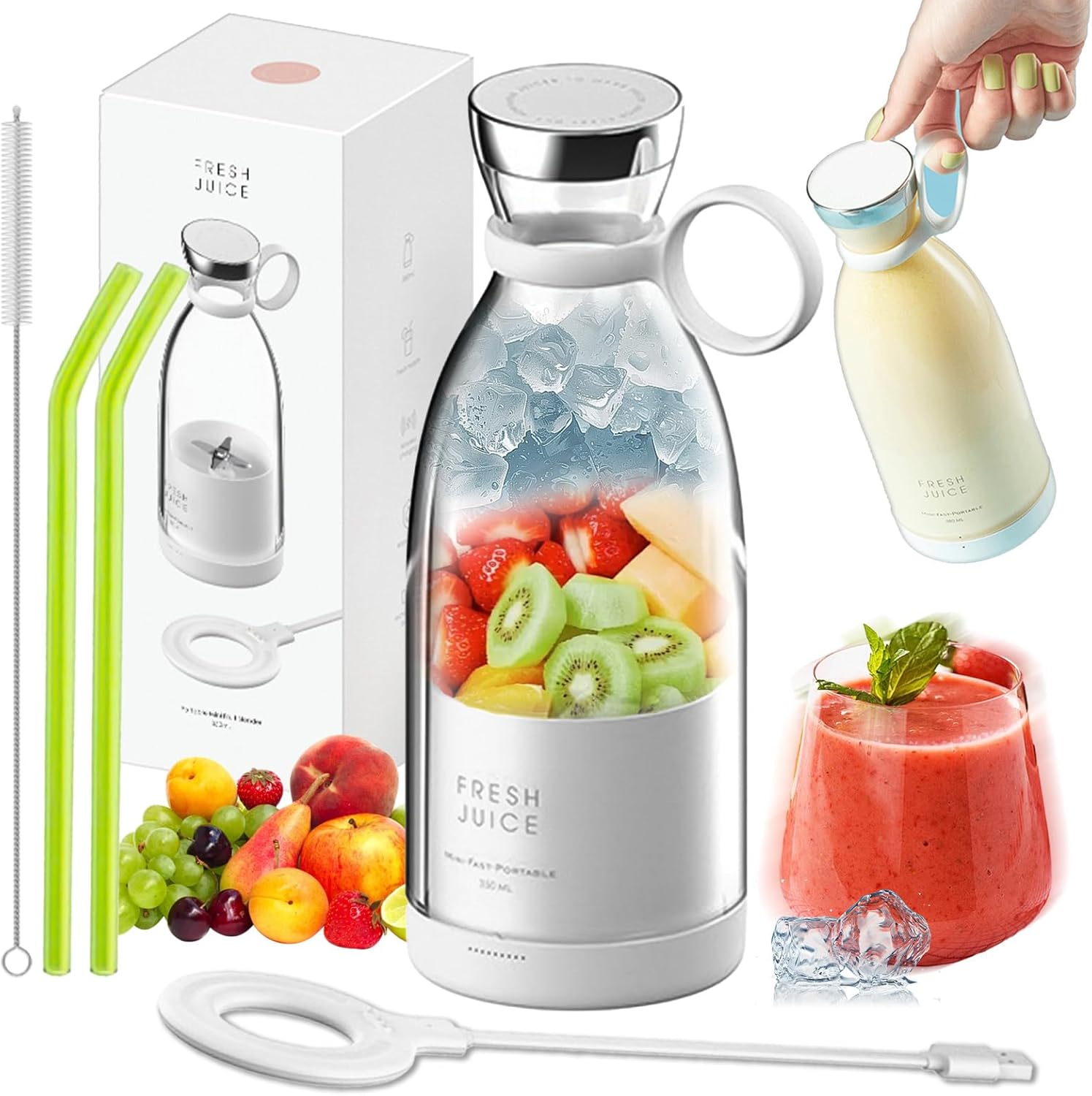 Ultra Portable Blender, 2-in-1 Portable Blender for Smoothies & Fresh Juice, with 14.2 Oz Travel Cup & Lid & 4 Blades, Self-Cleaning, Wireless Charging Juicer for Gym/Travel/Home (White)