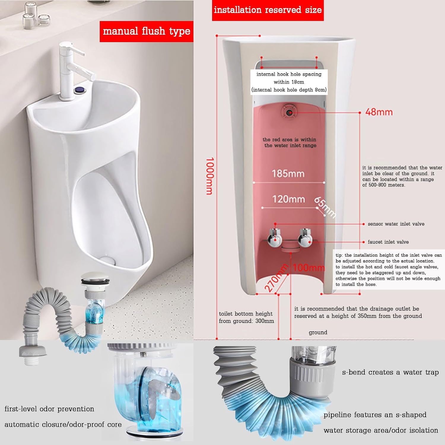 White Modern Drop Shape Men’s Urinal with Smart Sensor Flush and Water-Saving Washout, Wall-Mounted Anti-Splash Design for Residential Bathrooms, Commercial Spaces & Gyms(Black)