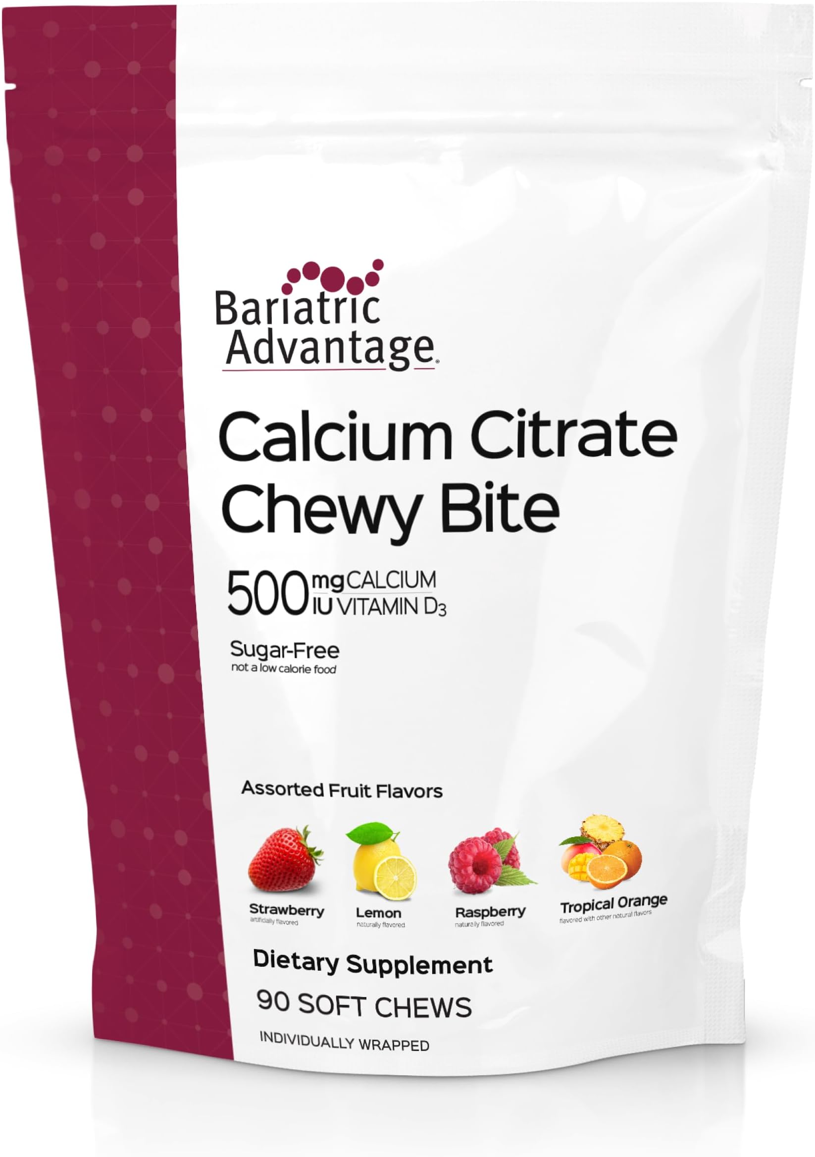 Bariatric Advantage Calcium Citrate Chewy Bites 500 mg - Highly Absorbable & Digestible - Vitamin D3 - Easily Chewable Calcium Supplement - Assorted Fruit - 90 Count