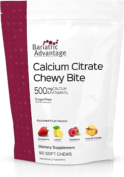 Bariatric Advantage Calcium Citrate Chewy Bites, Assorted Fruit, 90 Ct | 500 mg Calcium Citrate, Highly Absorbable and Digestible, with Vitamin D3, Easily Chewable Calcium Supplement