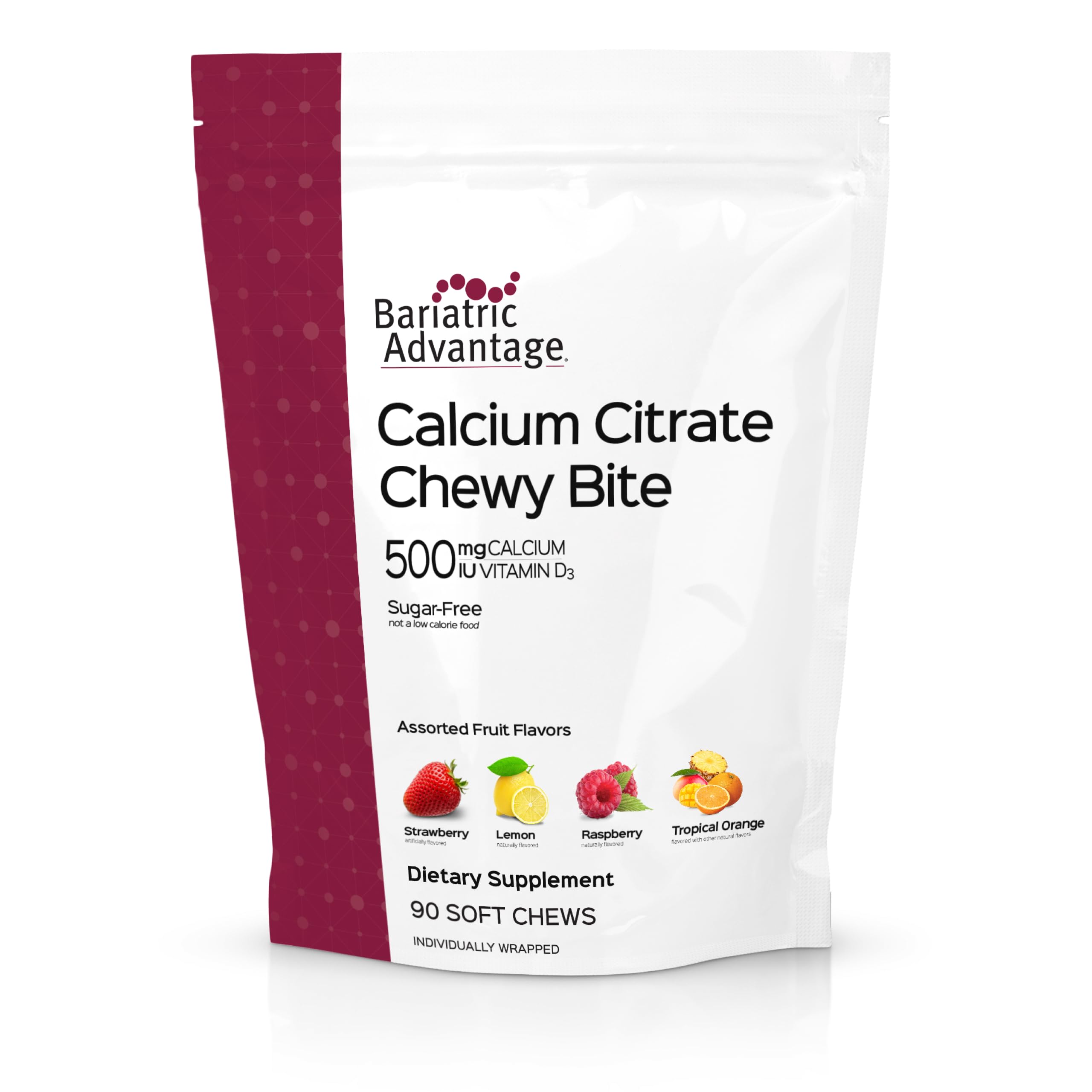 Bariatric Advantage Calcium Citrate Chewy Bites, Assorted Fruit, 90 Ct | 500 mg Calcium Citrate, Highly Absorbable and Digestible, with Vitamin D3, Easily Chewable Calcium Supplement