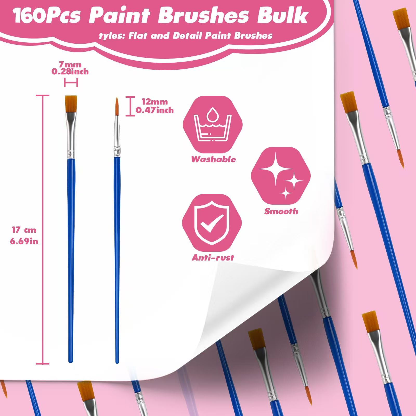 Small Paint Brushes Bulk, 160 Pcs Flat Tip Round Acrylic Paint Brushes for Kids Classroom Acrylic Watercolor Canvas Face Painting Touch Up
