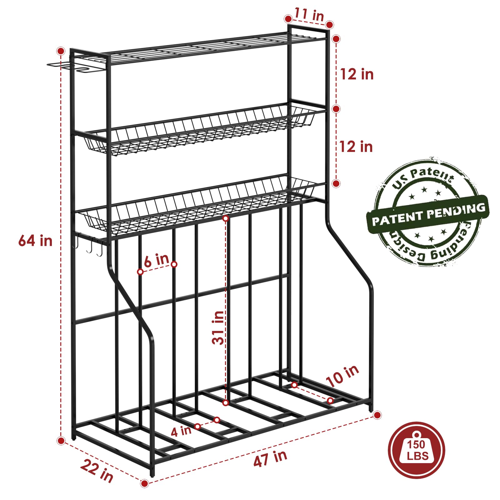 4 Bike Stand, Bike Rack Garage with 3-Tier Storage Rack, Bicycle Stand for Garage Organizer, Indoor Sporting Gear Storage Station for Mountain/Road/Hybrid & Fat Tire Bike, Patent Pending