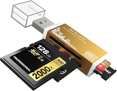 Micro SD Card Reader, 4-in-1 SD Card Reader to USB Adapter, Memory Card Reader for MS Duo/Pro, M2 Card, SDXC, SDHC, MMC, RS-MMC, Micro SDXC, Micro SDHC and TF Card 1Pack Gold