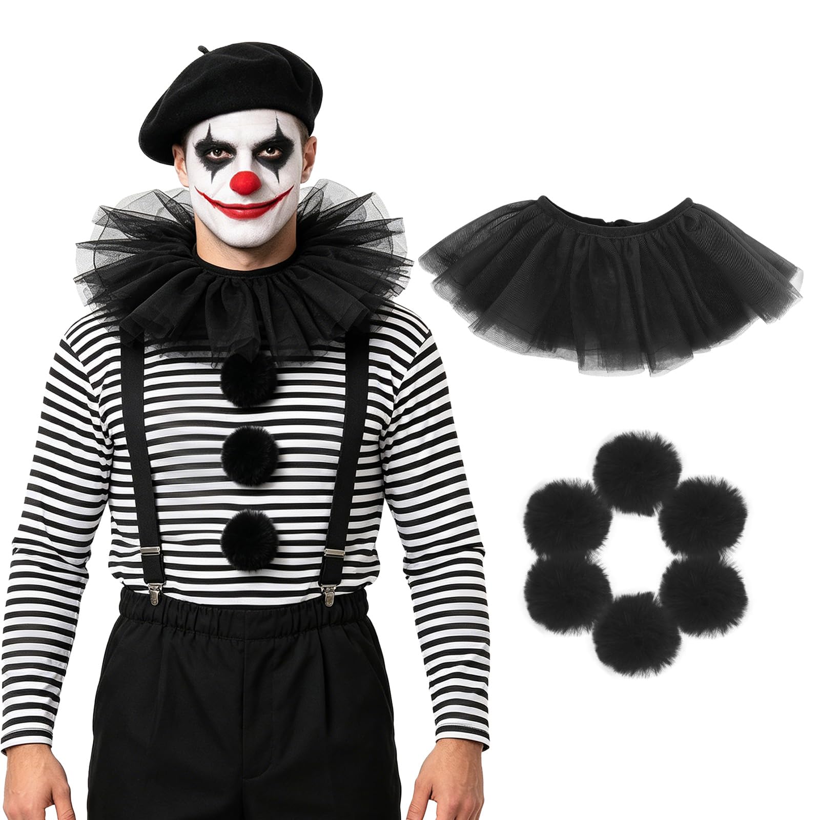 FakeFace Tulle Clown Ruffled Collar RetroRenaissance Neck Ruff Mesh Layered Clown Neck Collar Costume Circus Halloween Stage Play Props (Black with Black Pompoms, one size)
