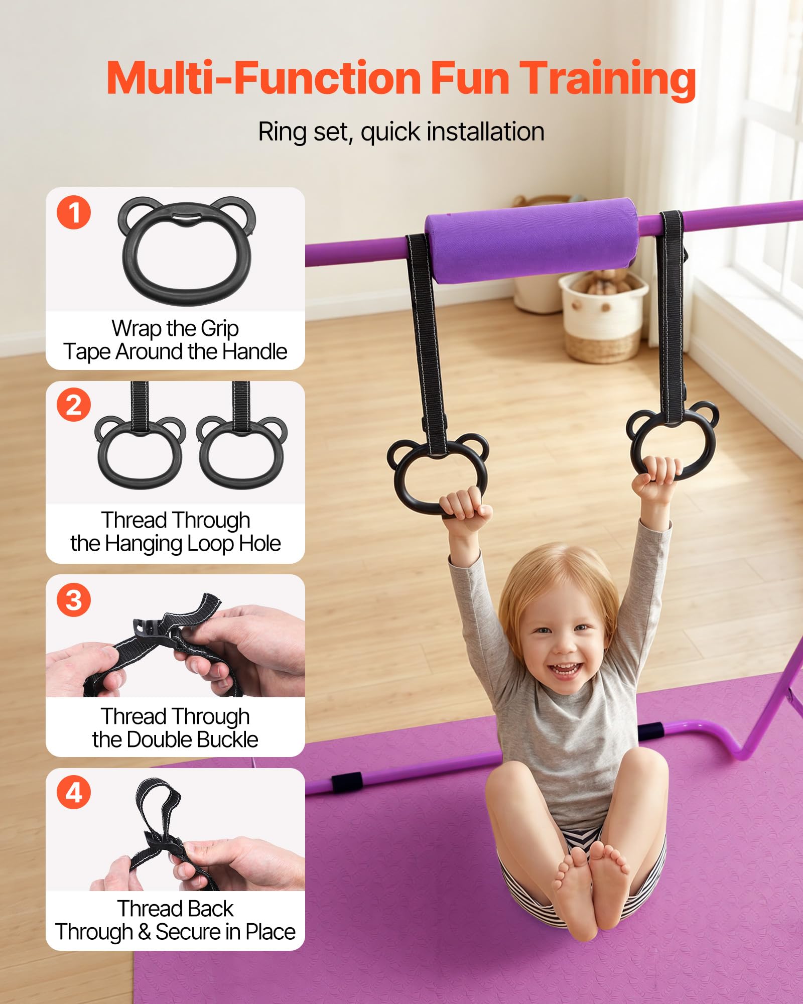 VEVOR Barra da Ginnastica per Bambini, Barra da Ginnastica Carico 63,5 kg Struttura Pieghevole con Tappetino Altezza Regolabile Allenamento Esercizio a Casa, Acciaio al Carbonio Nylon, Colore Viola