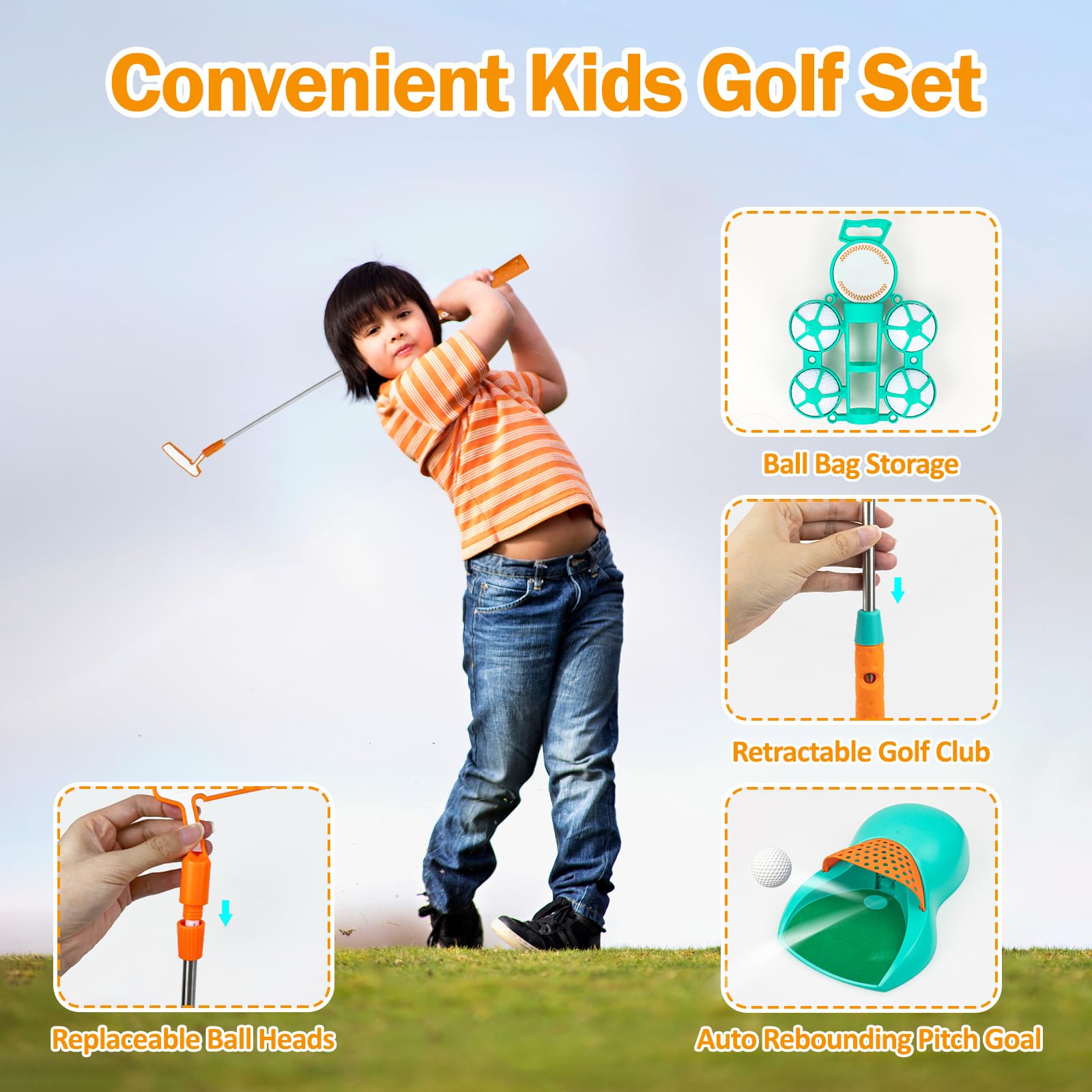 Juguetes de Golf para Niños, Juego de Golf con Palos de Golf Retráctiles, Retorno de Golf, Pelotas, Cabezas de Golf y Hoyos de Práctica, Regalo de Juegos Deportivos de Exterior para Niños