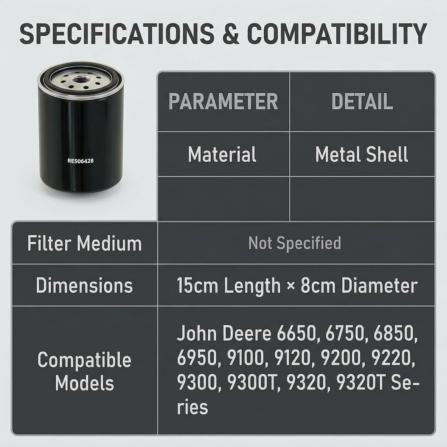 RE506428 Fuel Filter Compatible with John Deere 6650 6750 6850 6950 9100 9120 9200 9220 9300 9300T 9320 9320T Series Models.
