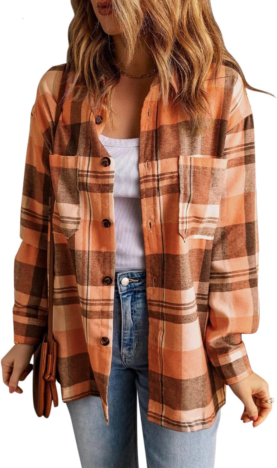 Womens Casual Flannel Plaid Shirts Oversized Lightweight Fall Shirt Coat Long Sleeve Button Down Shirts Blouse Tops - Image 2