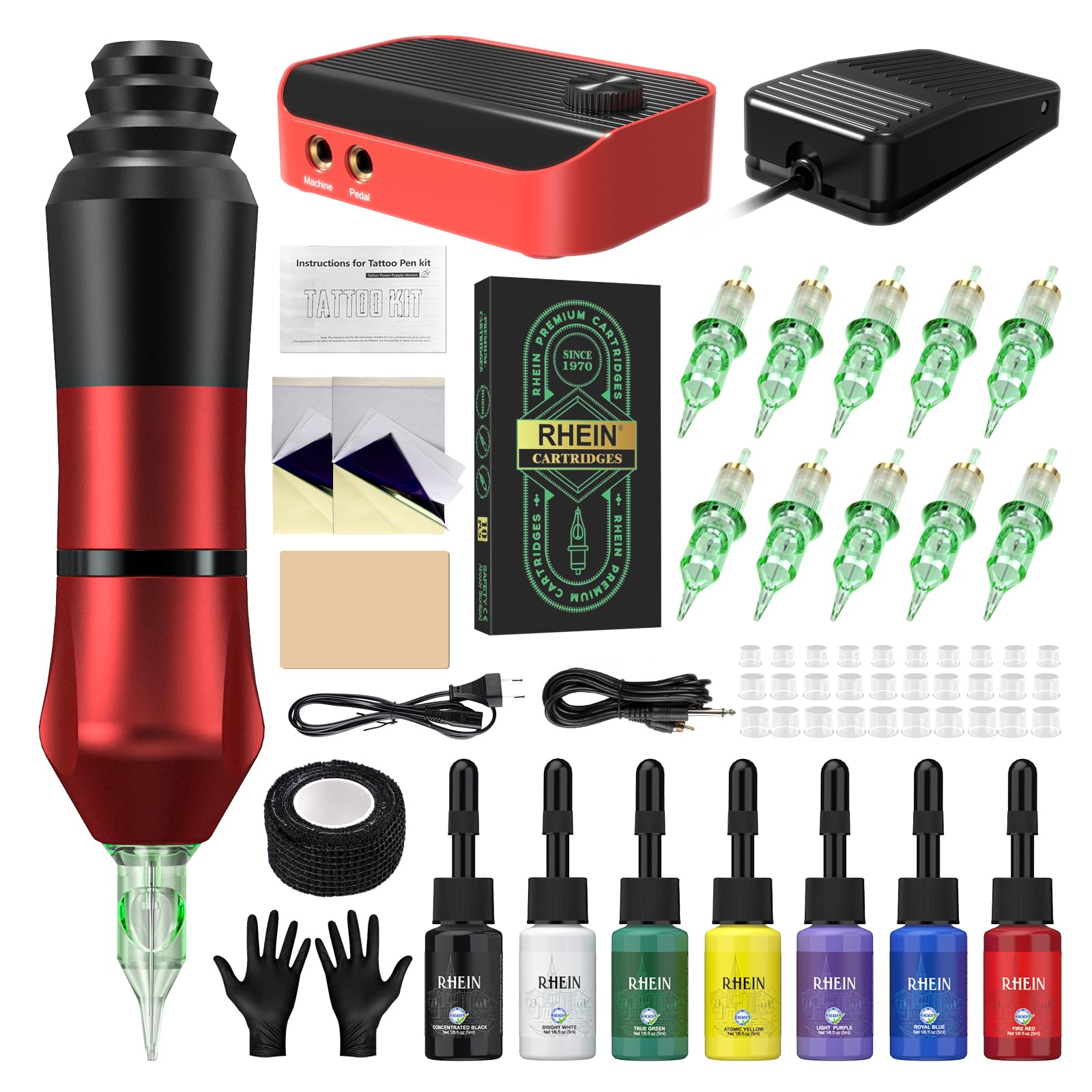 RHEIN Tattoo Maschine Set mit Power Supply 10PCS Cartridges 7 Tattoo Farbe Ink Kabel Pen Machine Komplettes Tattoo Zubehör RN-TKP6B-2-EU