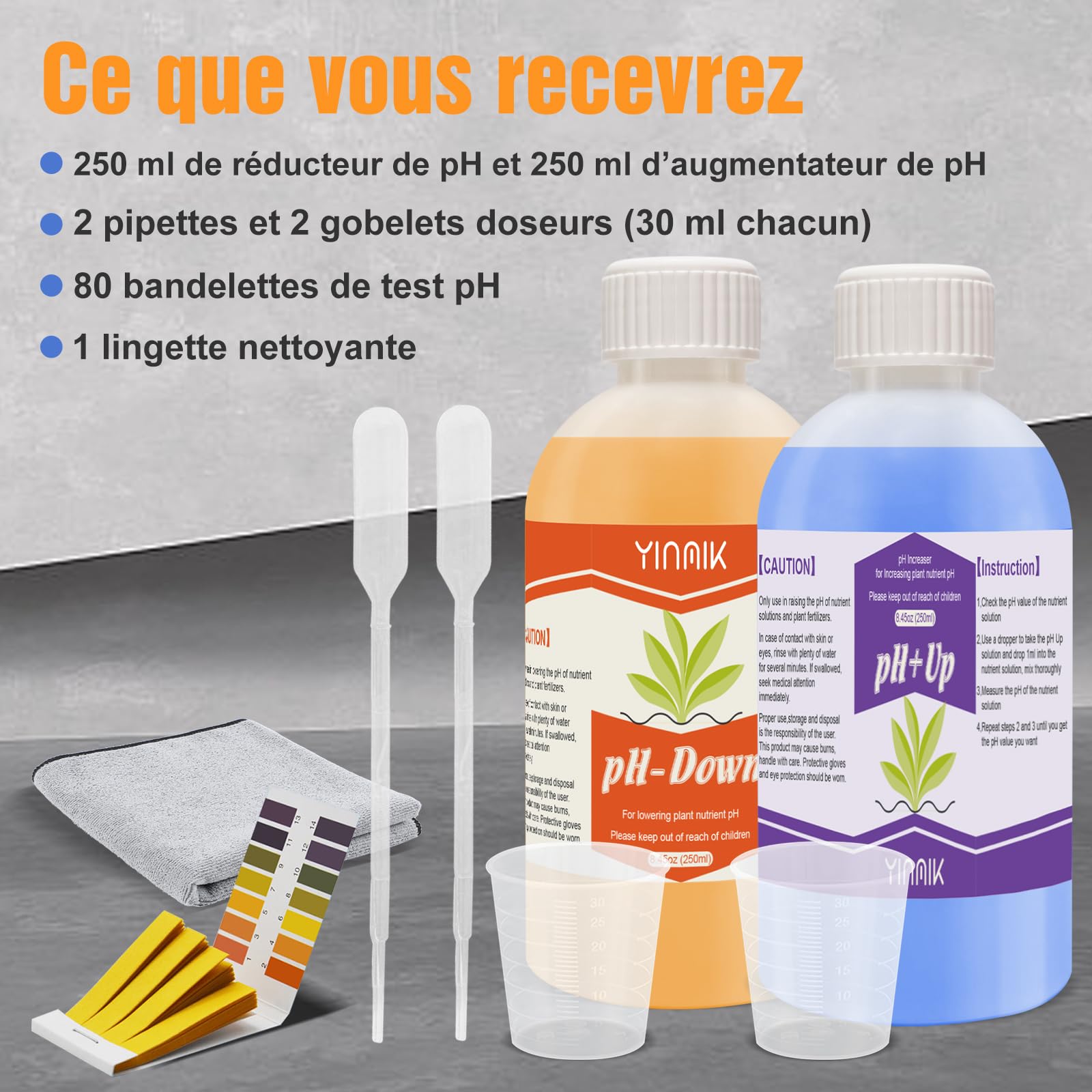 YINMIK Régulateur de pH Hydroponique Universel, Pack Régulateur PH UP & DOWN 250 ml, Augmente et Amincissant pH, Stabilise le pH et Convient à Tous Les Systèmes de Fertirrigation Hydroponique.