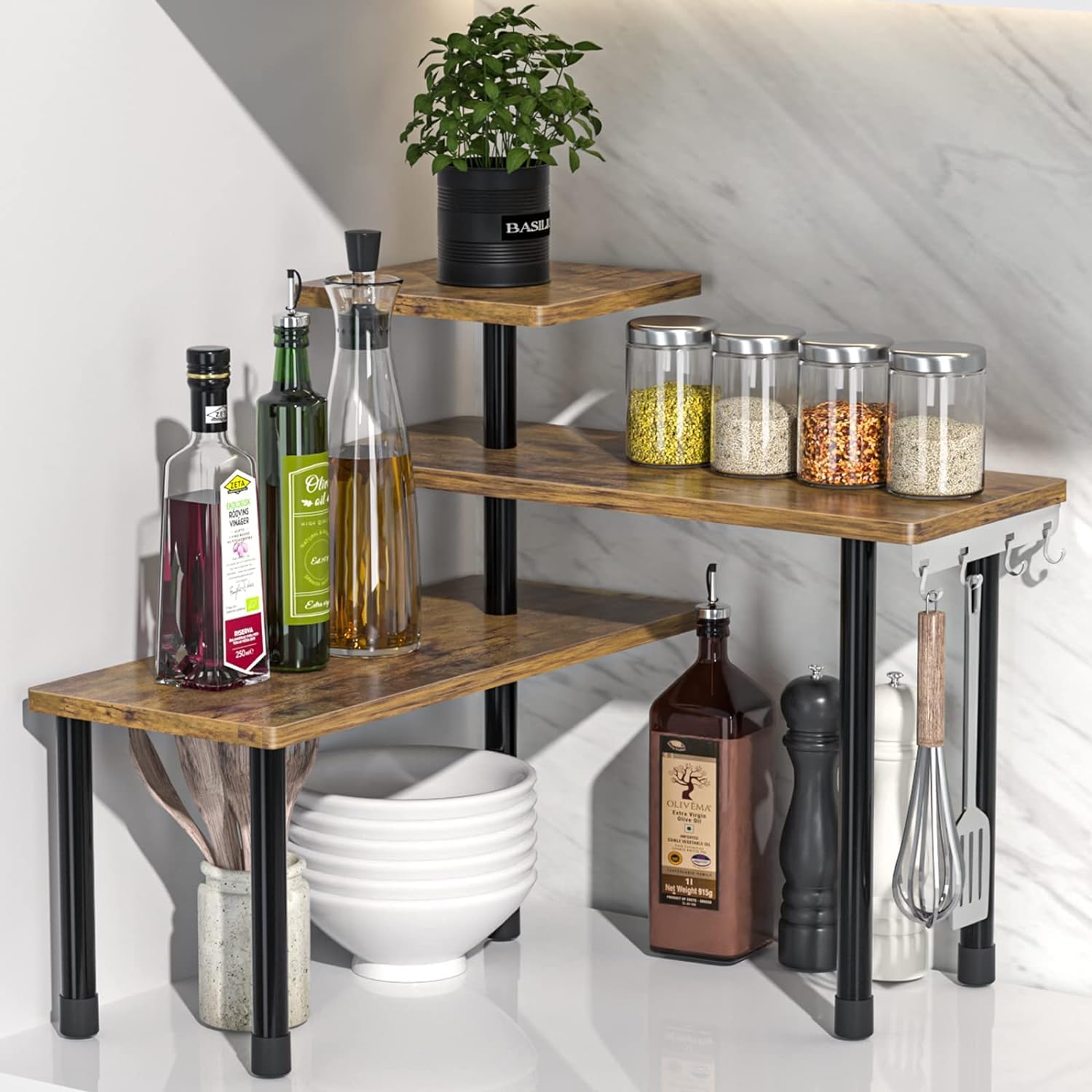 BRONTIX Bamboo 3 Tier kitchen storage organizer, wooden rack for kitchen storage, kitchen corner stand, kitchen storage rack wooden, storage rack for kitchen organiser (Contemporary) (B0DD8SB8YS) Amazon Price History, Amazon Price Tracker