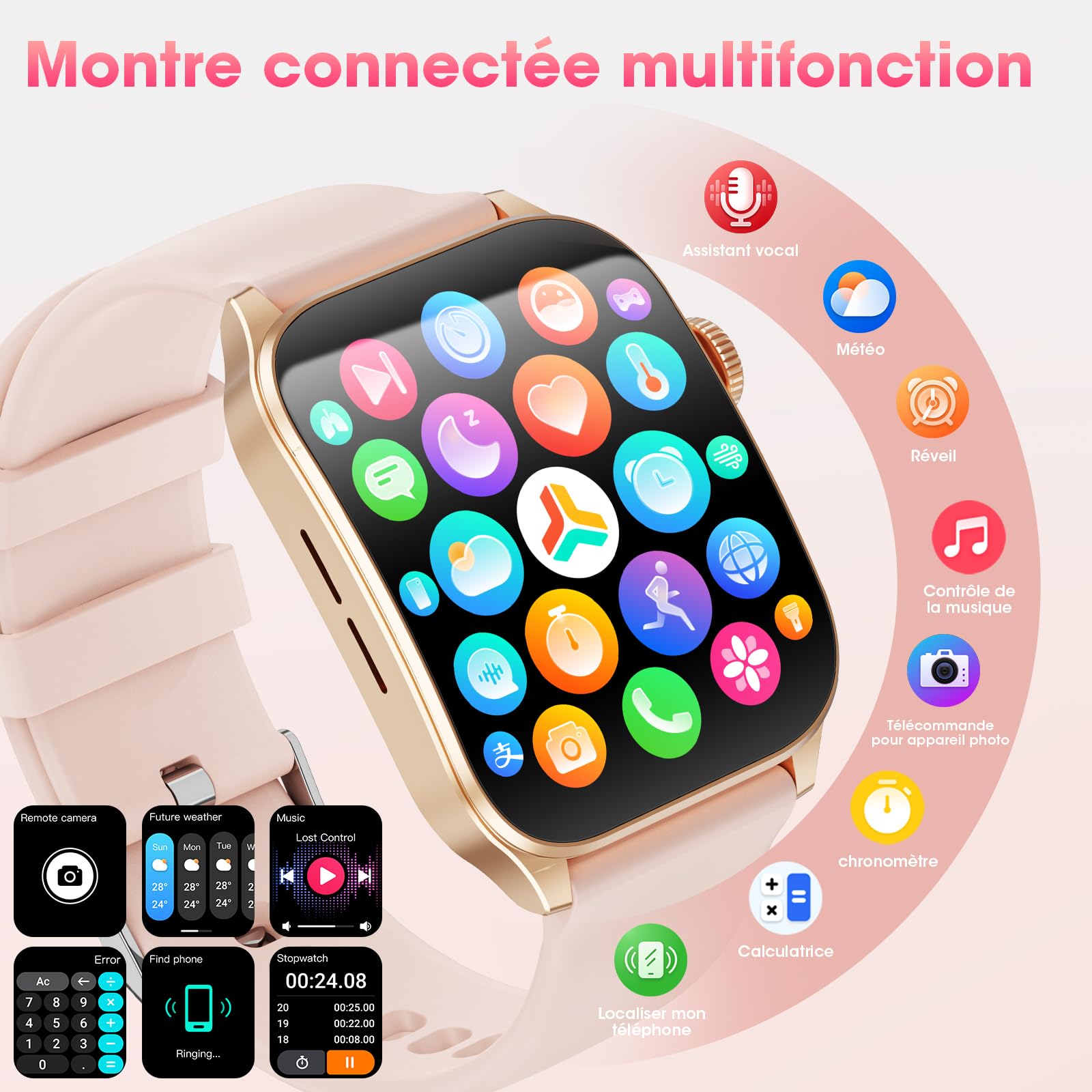 Montre Connectée Femme, 7 Bracelets Cadeau, 1,91" Écran incurvé Smartwatch | Appels Bluetooth, Assistant vocal, 100＋Modes Sportifs, Suivi Fréquence Cardiaque/Sommeil/SpO2, Etanche IP67 pour Android iOS