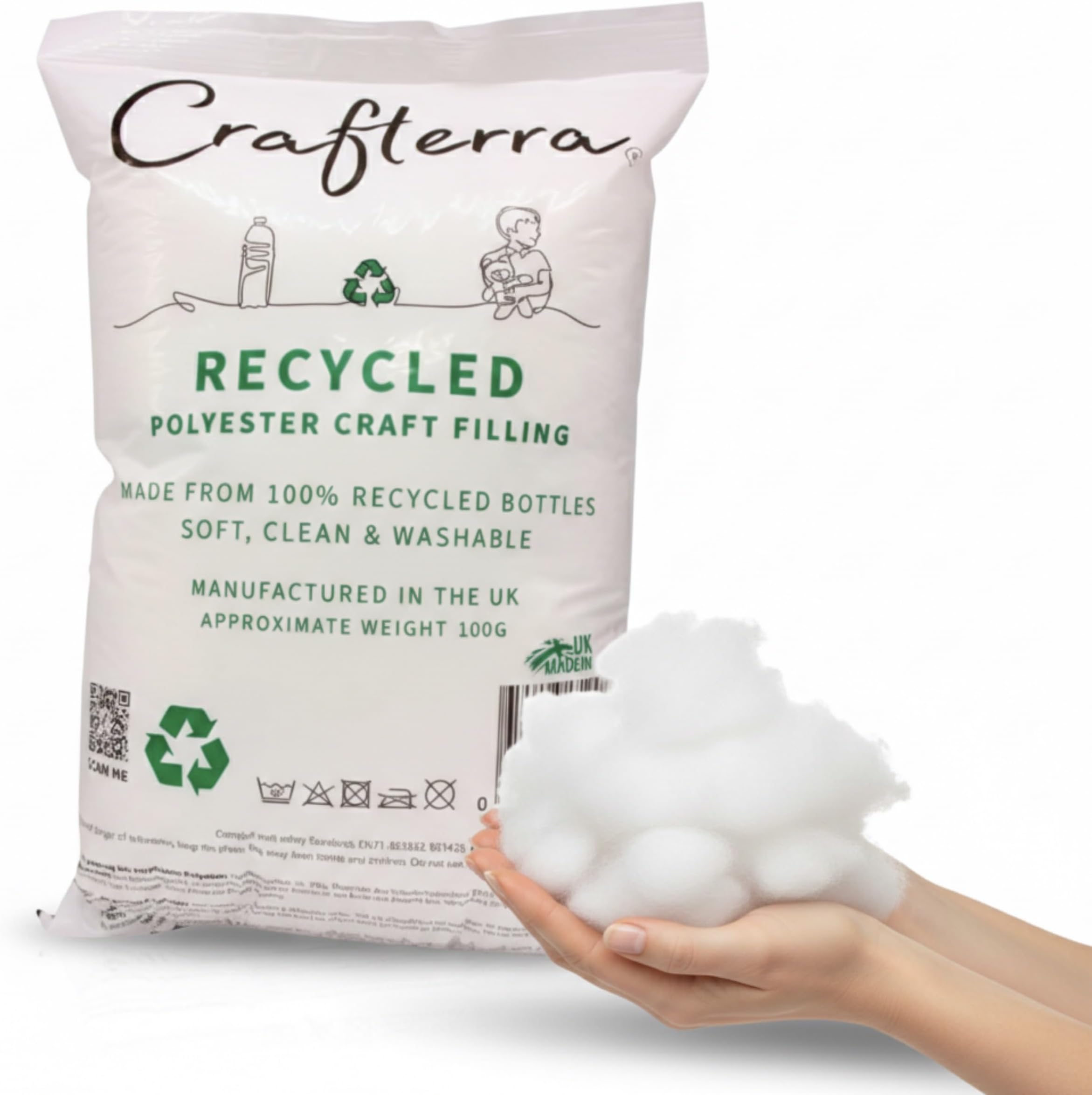 Recycled Soft Toy Filling Polyester Stuffing for Plush Knitted Toys, Cushions and Pillow Filler, Art Crafts. Made in The UK from Recycled Plastic Bottles.100g