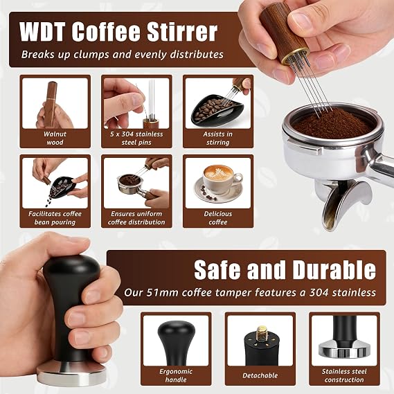 51mm Coffee Tamper Set, 6-Piece Barista Kit with Tamper for Home/Office