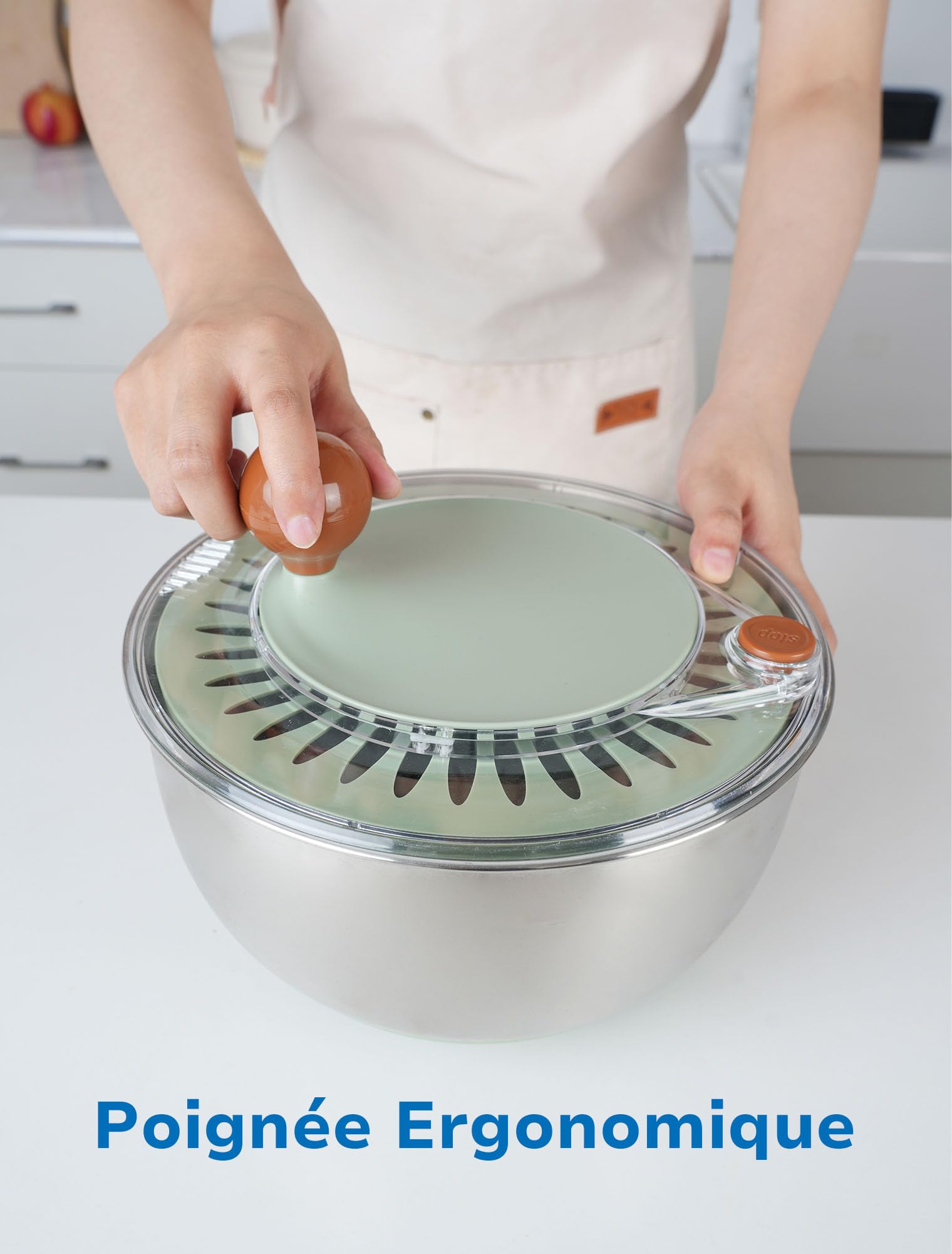 Lunememo 5L Essoreuse à Salade en Acier Inoxydable 18/10, Base Antidérapante, Bouton Stop, Utilisable en Saladier Inox, Sans BPA