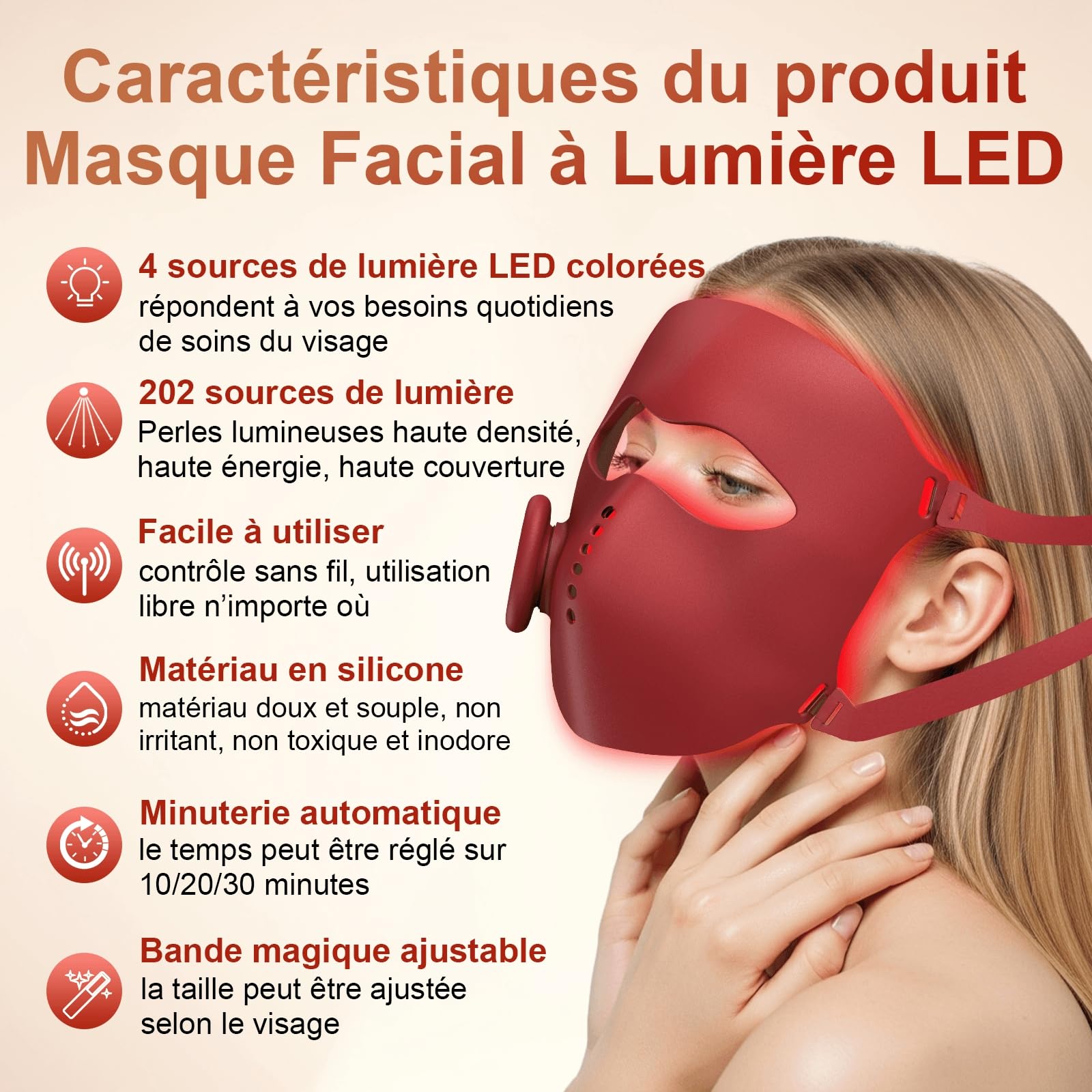 Masque LED visage 4 couleurs, 64 LED, sans fil | 4 modes + IR, rechargeable, confortable, minuterie, tous types de peau