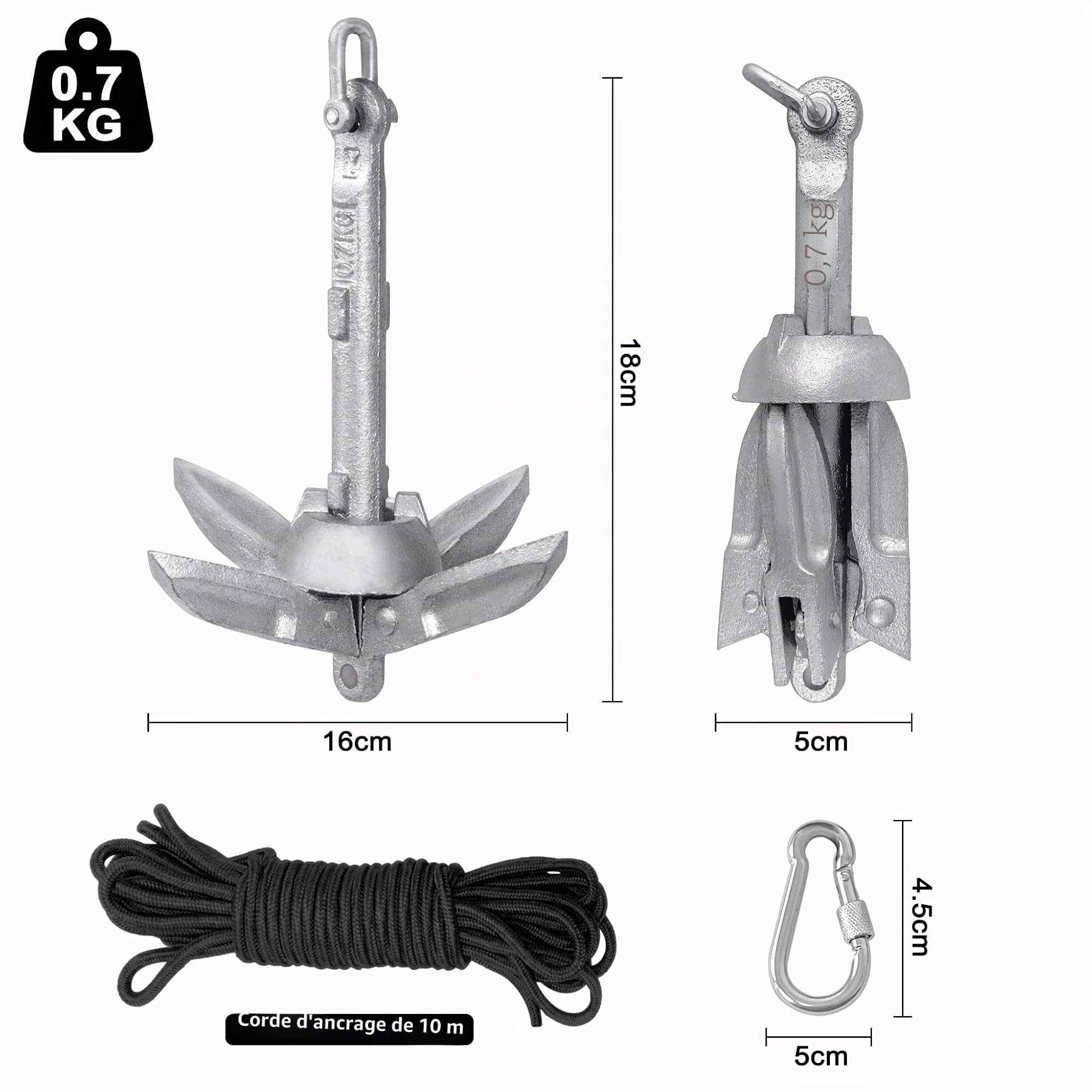 UISEBRT Ancre pliante galvanisée avec mousqueton, 10 m de ligne, bouée d'ancrage et sac de transport, ancre pliante pour bateau, SUP, kayak, bateau gonflable