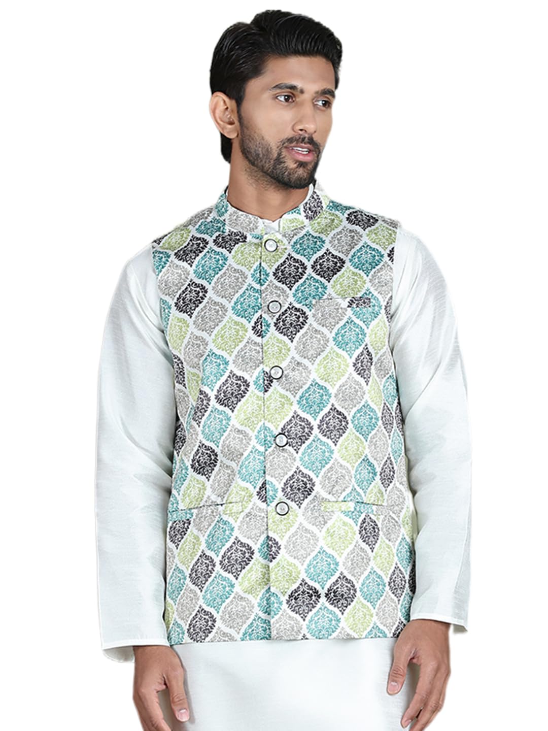 jompers Green Floral Printed Nehru Jacket. (Green, M)-picture-43