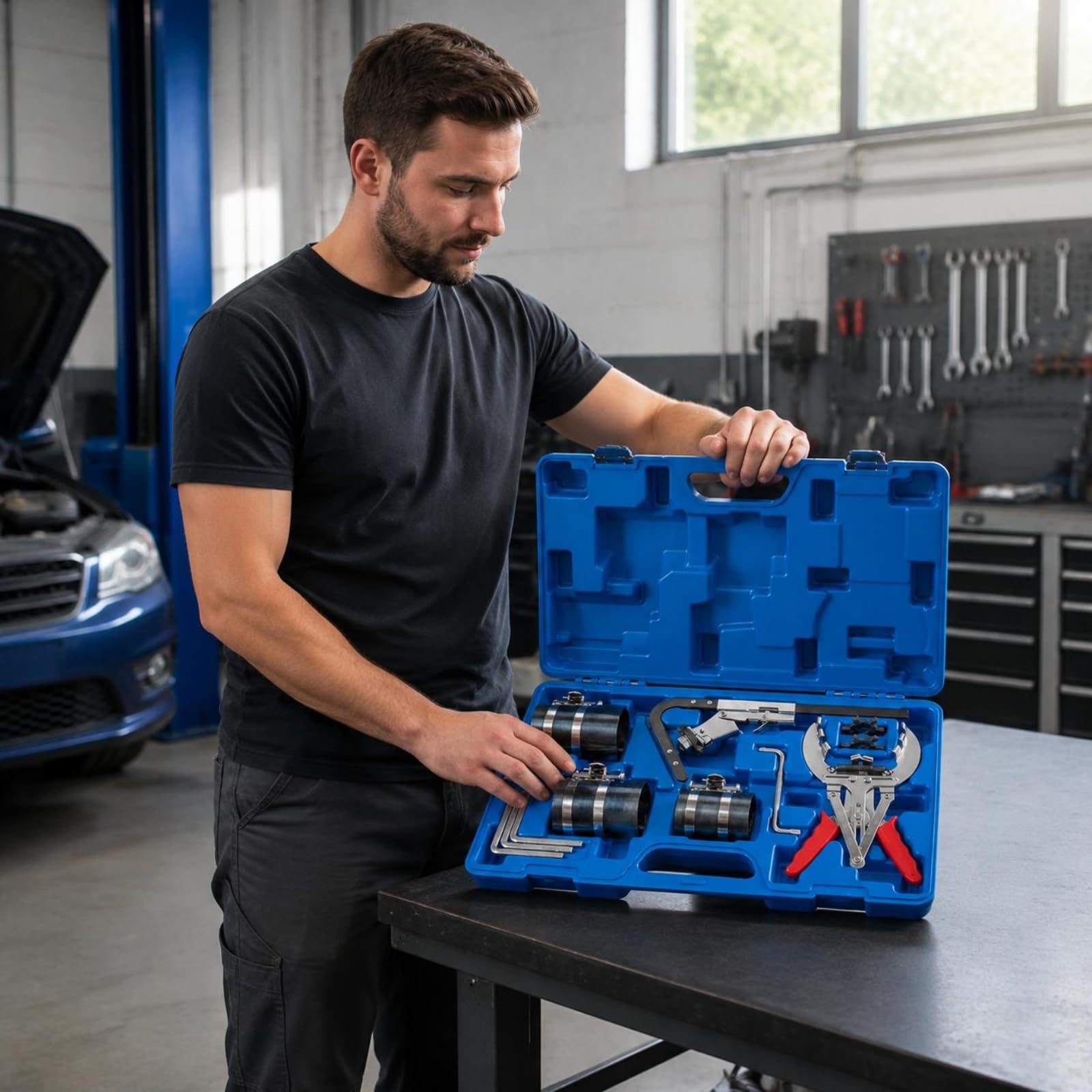 Pinza Compressore Pistone Multiuso Compressore Fasce Elastiche Motore Facile da Usare Pinza Fasce Elastiche per Autoriparatori, Officina Auto, Garage