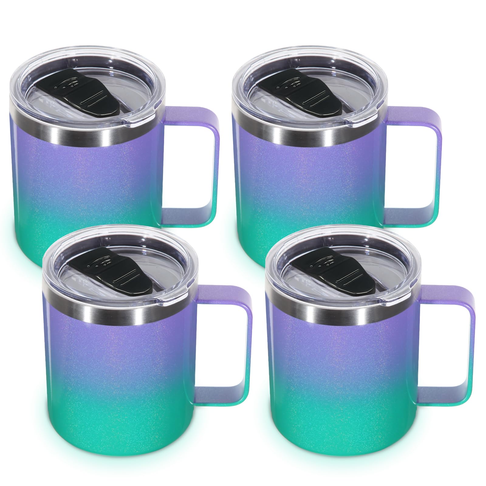 Volhoply 14oz Insulated Stainless Steel Coffee Mug with Lid Bulk 4 Pack,Double Wall Vacuum Travel Coffee Cup with Handle,Reusable Metal Tumbler,Camping Mugs Keep Hot,Christmas Gifts(Purple Green,4)