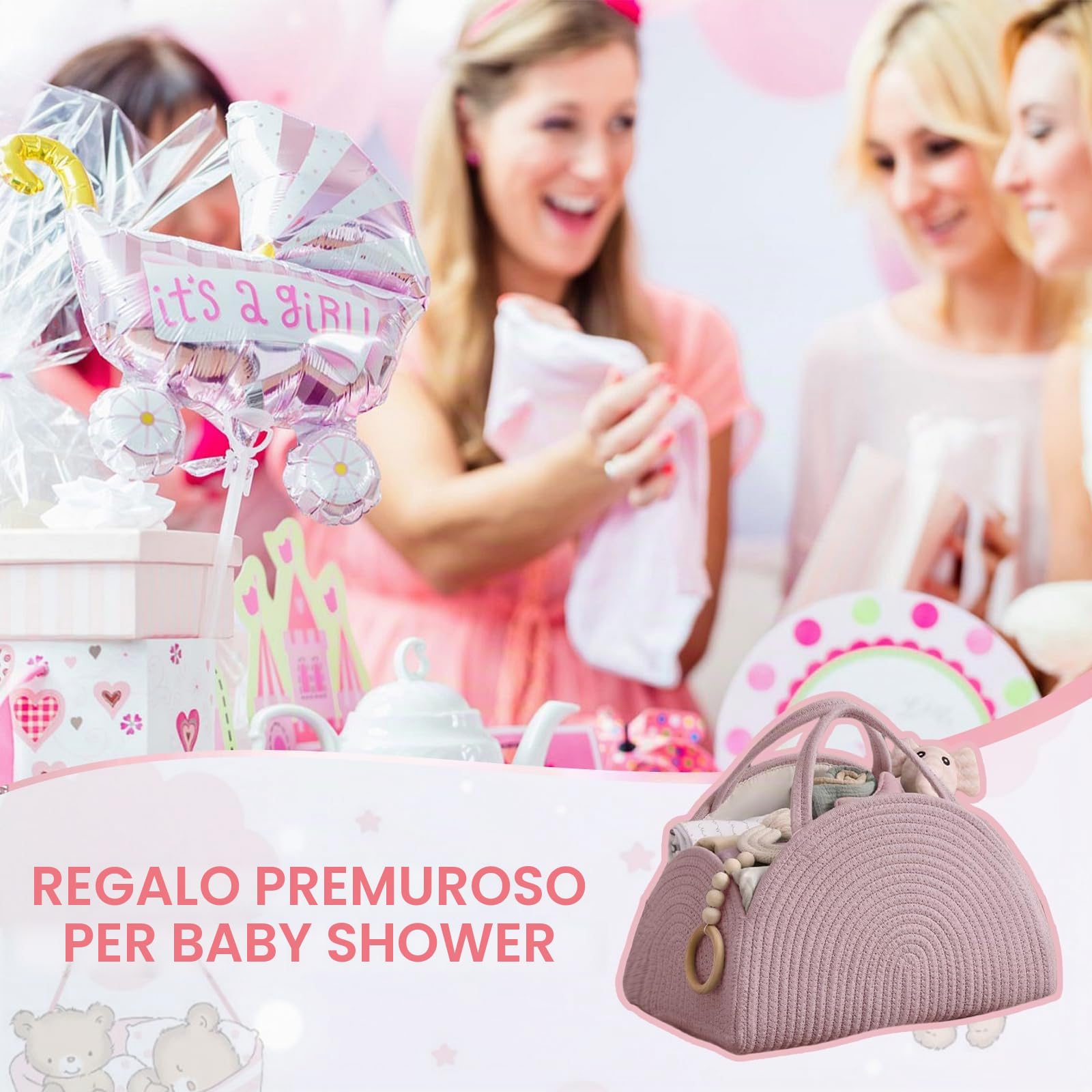 Organizer per pannolini, cestino per pannolini per bambini, cestino portatile per il fasciatoio, organizer con scomparti e maniglie, cestino in corda di cotone per baby shower (rosa)