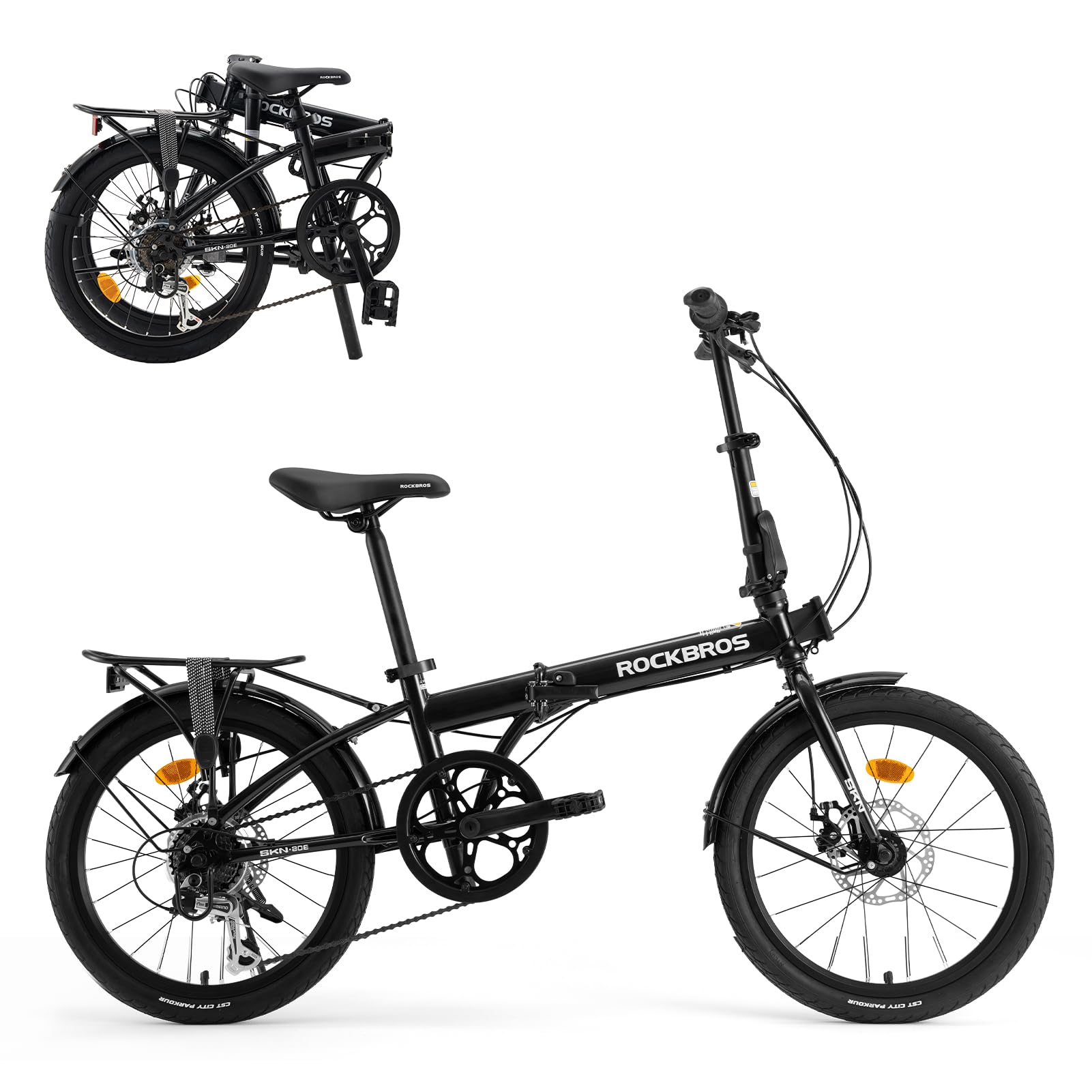 Man standing next to a black ROCKBROS SKN folding bike on a city street.