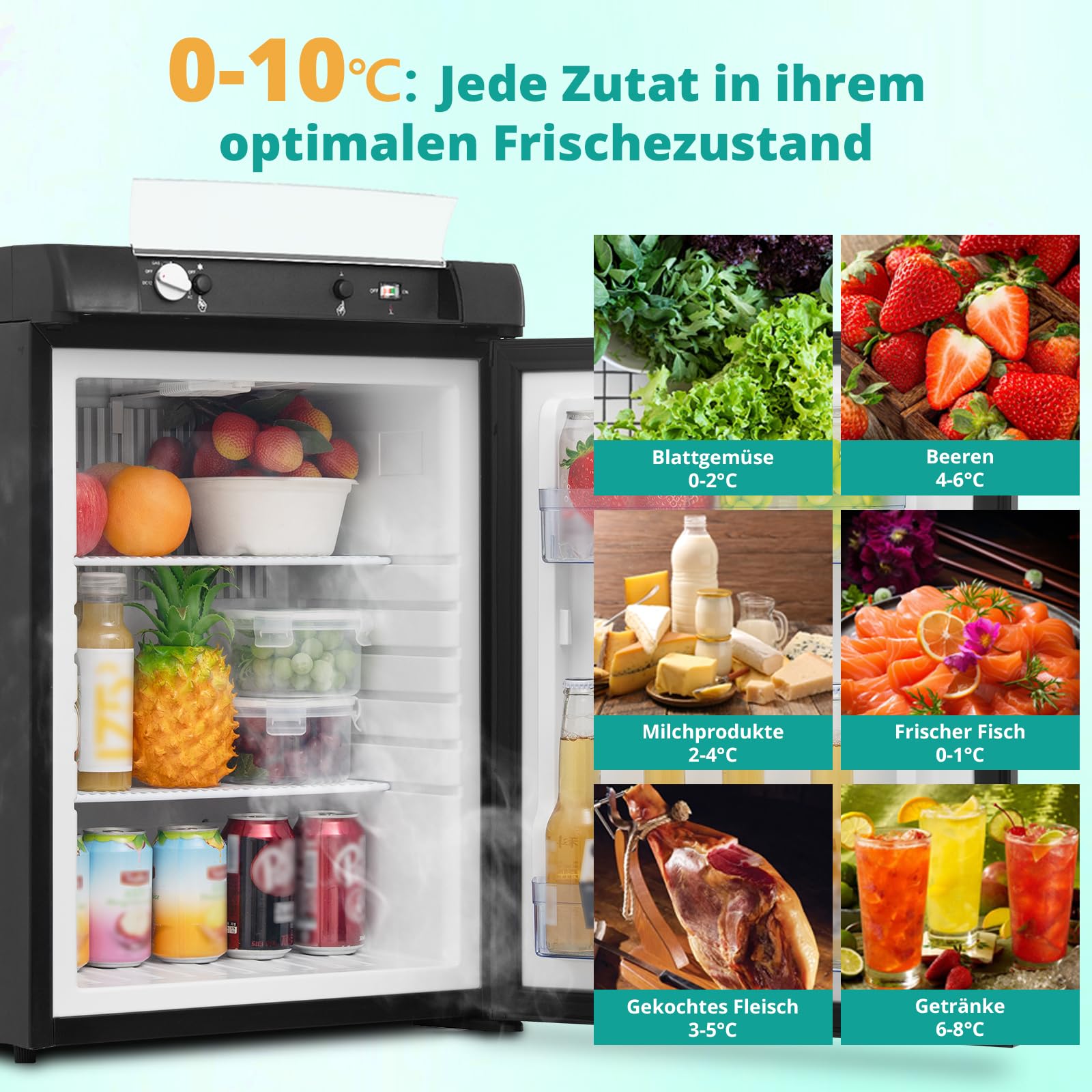 SMETA Camping kühlschrank 12V 230V Gas,Wohnmobil Kühlschrank 60L,Gas Kühlschrank,3 Wege Kühlschrank 60L, Tragbarer Kühlschrank für Wohnmobil, Wohnwagen, LKW, Van, Garage, Cottage, Leiser 0dB