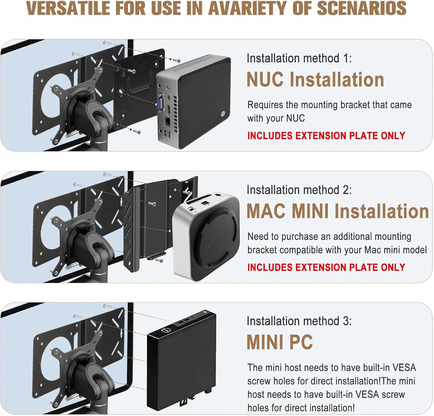VESA Mount Adapter Plate for Intel NUC & Mac mini M4,VESA Monitor Arm Extension Plate for NUC Mini PC Computer,Fits 75x75mm and 100x100mm VESA Monitor Arm,Securely Mount Small Computers Behind Display