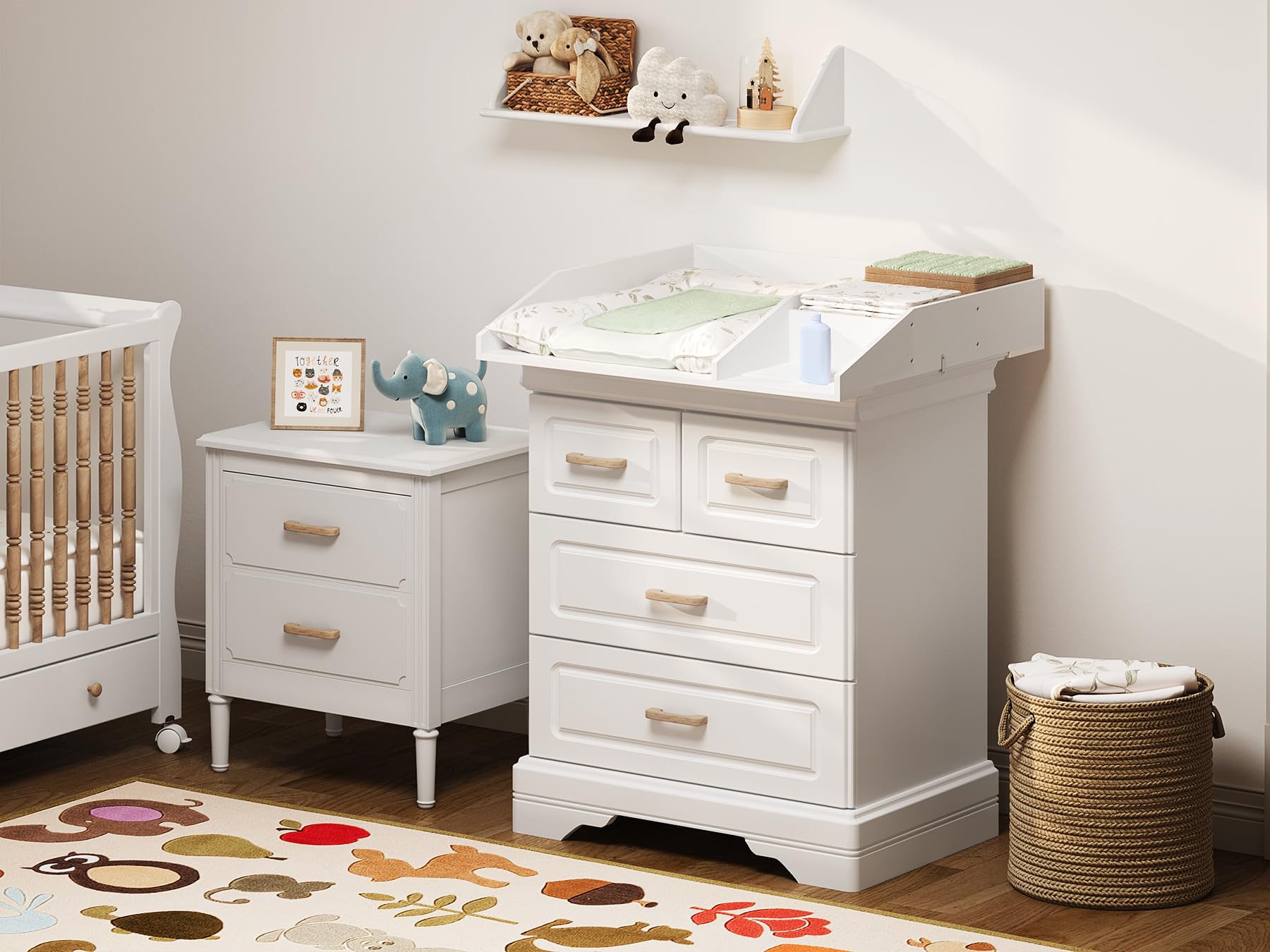 WOLTU Cambiador para Bebé 80x74,5x13,5 cm, Tapa Cambiador de Madera con Estantes de Almacenamiento, Compatible con Cómoda, Lavadora o Armario