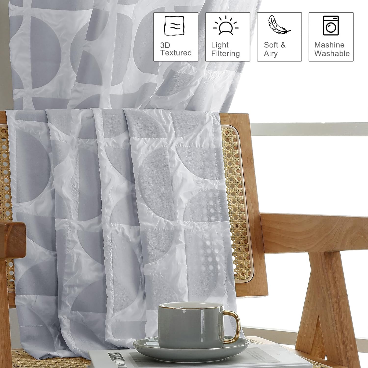 Aiyufeng Grey Curtains for Bedroom 63 Inch Length 2 Panels Set, Soft Airy 3D Embossed Textured Light Filtering Curtains for Living Room, Semi Fabric Rod Pocket Dining Room Curtains, 38" Wx63 L Inches 38"W x 63"L (Pack of 2) W/Gray image 5 of 9 B0DB7Y5RCQ