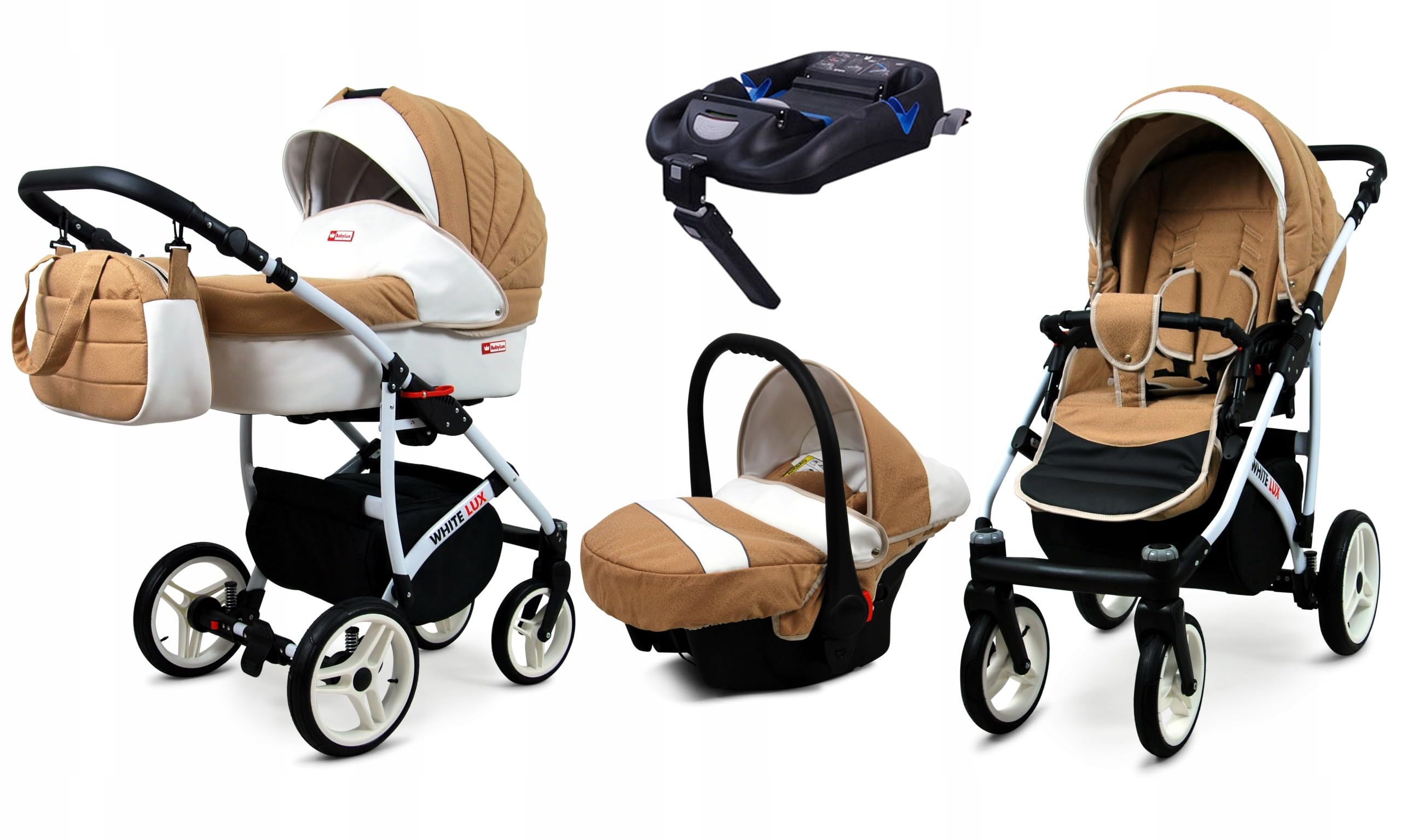 BabyLux® Carrito de Bebé Sistema de Viaje Set 4 en 1 - White Lux - incl. Capazo, Silla de Paseo, Silla Coche, ISOFIX Base - Cochecito - con Bolso cambiador, Cubierta para la lluvia etc.