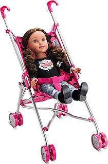Baby Doll Stroller for Toddlers 3 Years and up, Foldable Toy Stroller for Dolls - Pink and Black Polka Dot Design for Kids