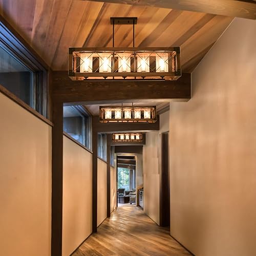 Miniatura 9 de Iluminación de isla de cocina de granja, lámpara de comedor de 5 luces sobre la mesa, candelabro rectangular de madera rústica, lámparas colgantes