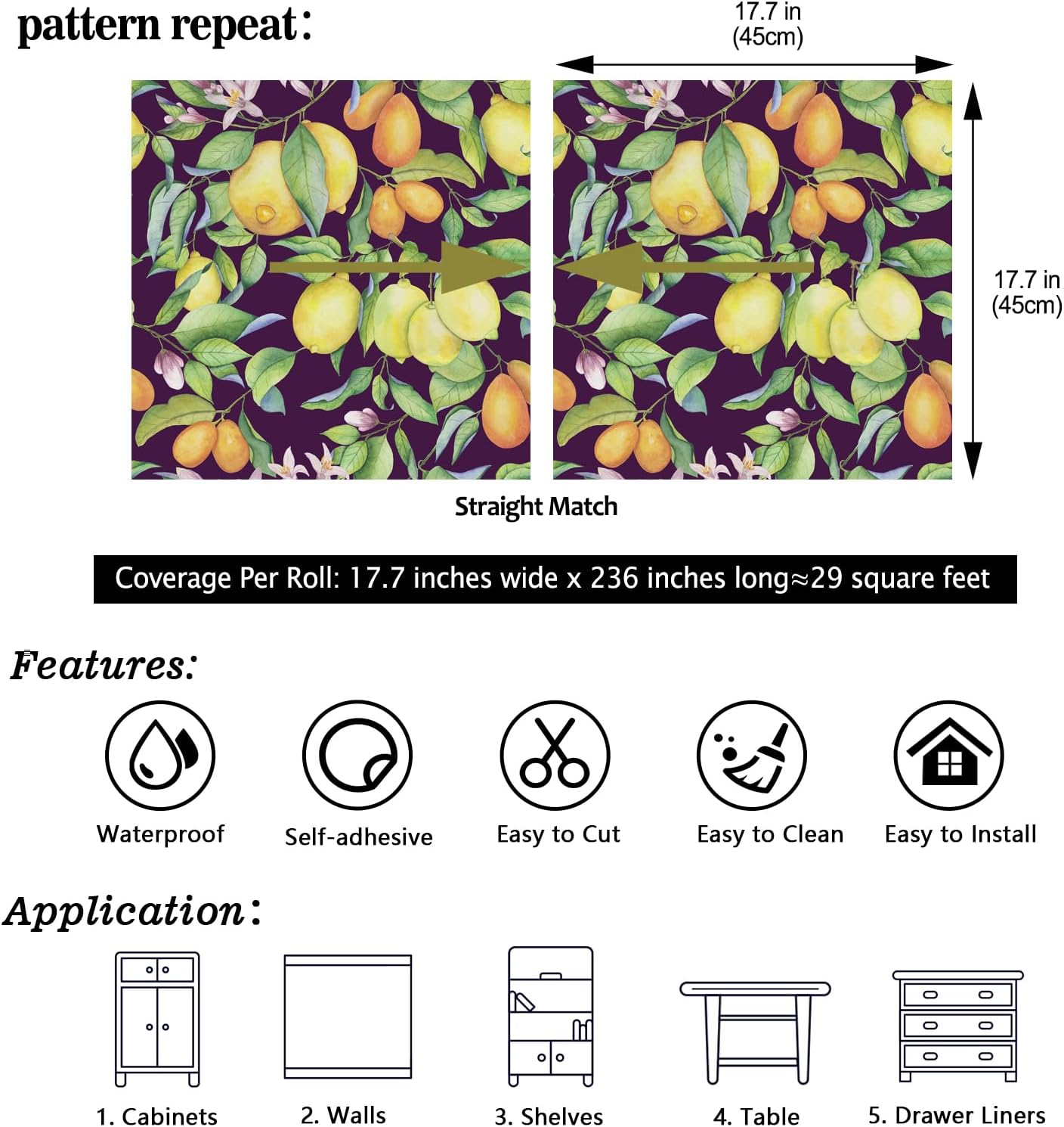 CHIHUT Self Adhesive Peel and Stick Watercolor Lemon Wallpaper 17.7”x236” Yellow Citrus Lush Botanical Leaves Contact Paper Waterproof Durable Fruit Wall Covering for Kitchen Dining Room Living Room