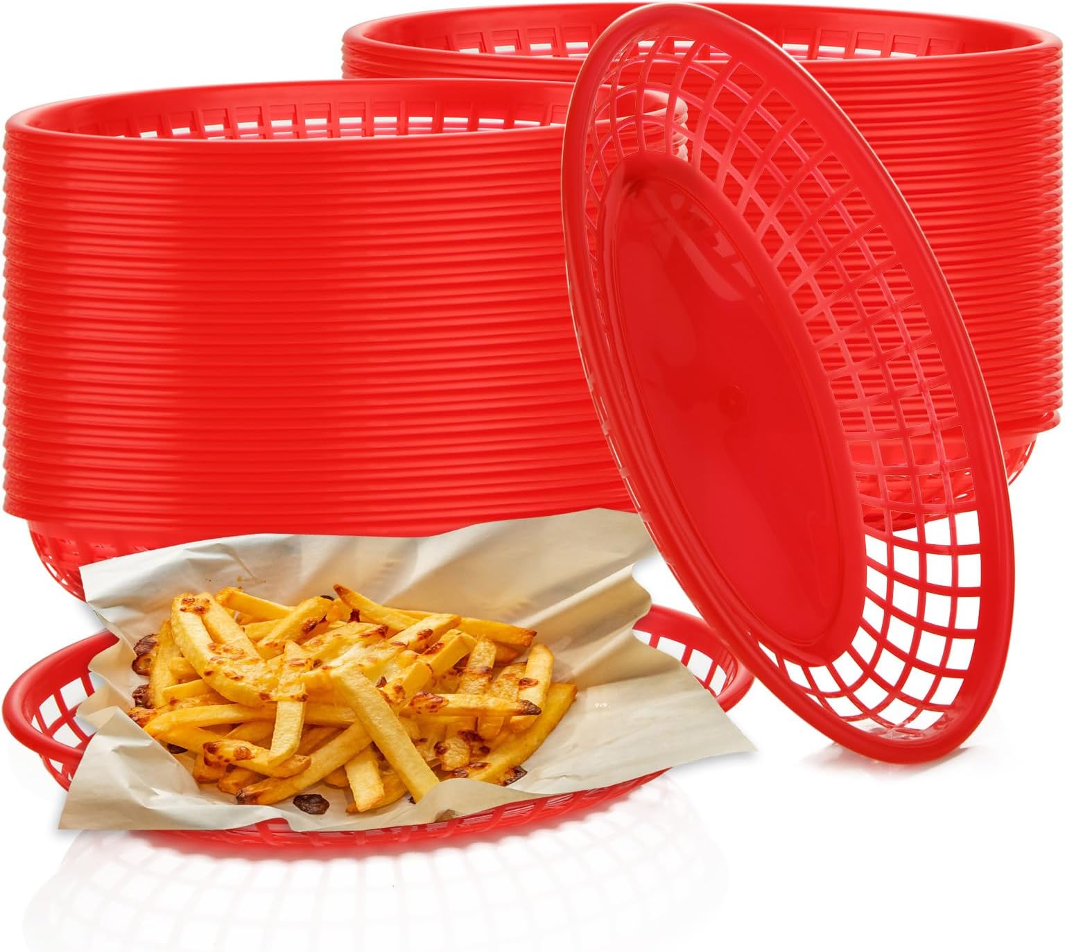 50 Pack Oval Fast Food Baskets, 8.7 x 5.5 Inch Red Plastic Food Baskets Restaurant