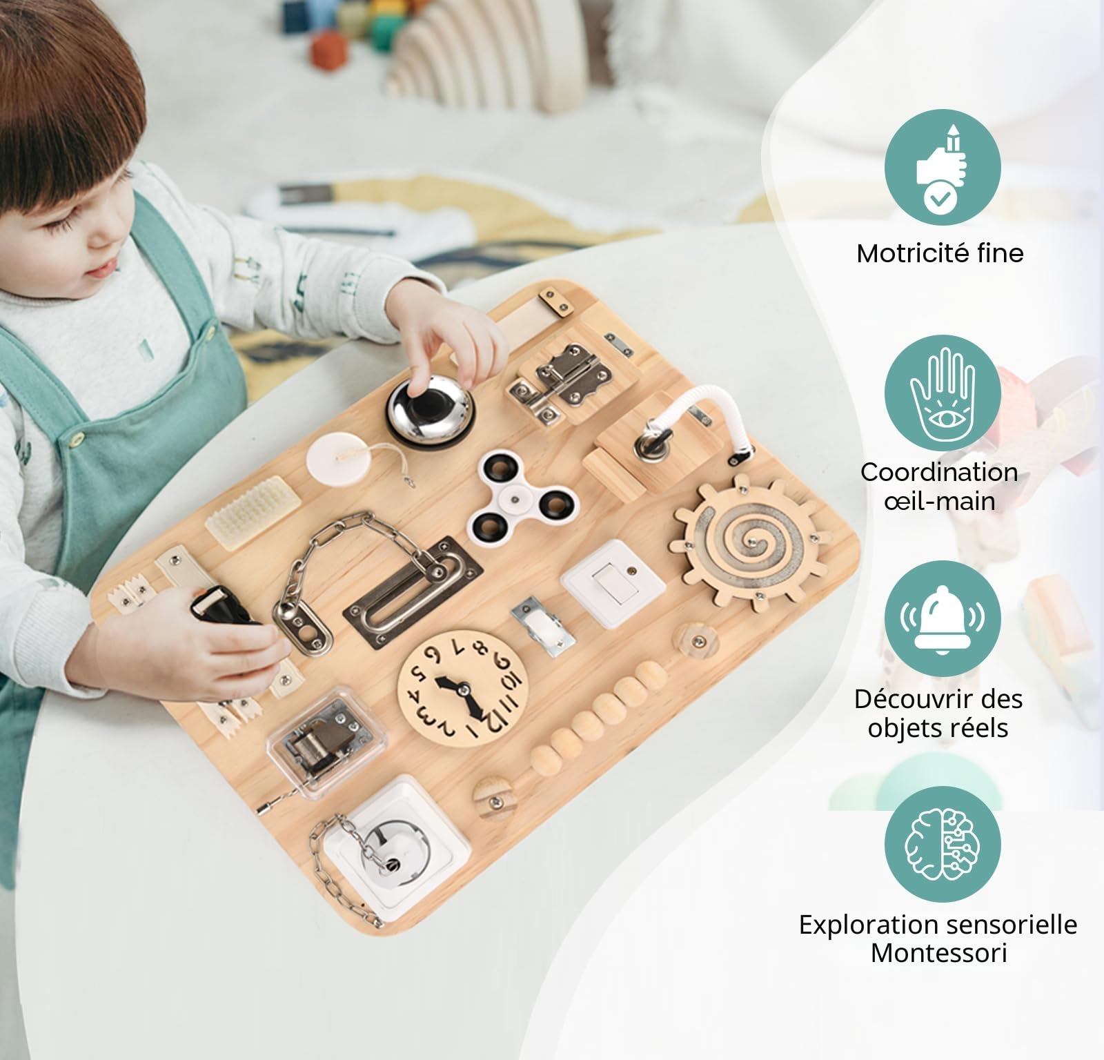 Potatomato Grande planche d'activités pour tout-petits - Jouets sensoriels en bois Montessori pour enfants de 1 2 3 4 ans - Jouets fidget pour enfants autistes - Activités d'apprentissage préscolaire