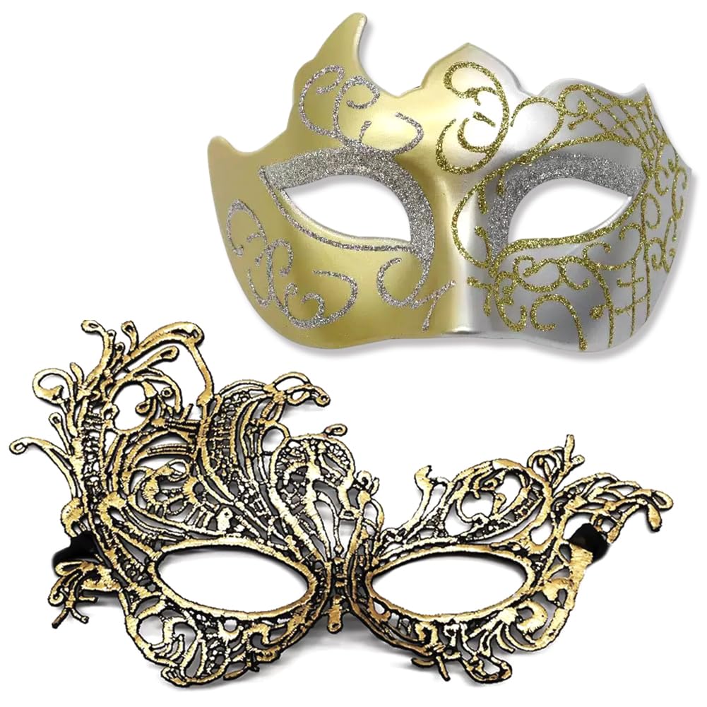 HATFRYF 2 Pcs Masquerade Mask, Lace Half-Face Masks, Mardi Gras Mask for Women and Men, for Masquerade Venetian Carnival Party Dress