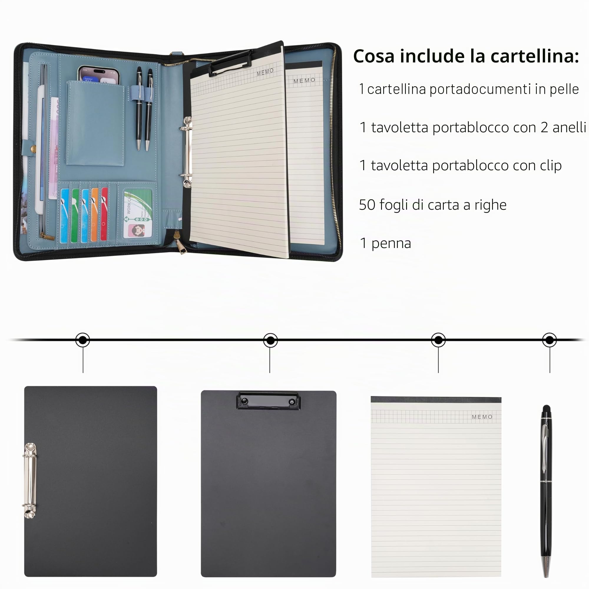 Wason Cartella A4 con Cerniera Portafoglio Pelle PU Raccoglitore Anelli Staccabile Supporto Blocco Note Organizzatore Ufficio Viaggi Scuola Blu nebbia