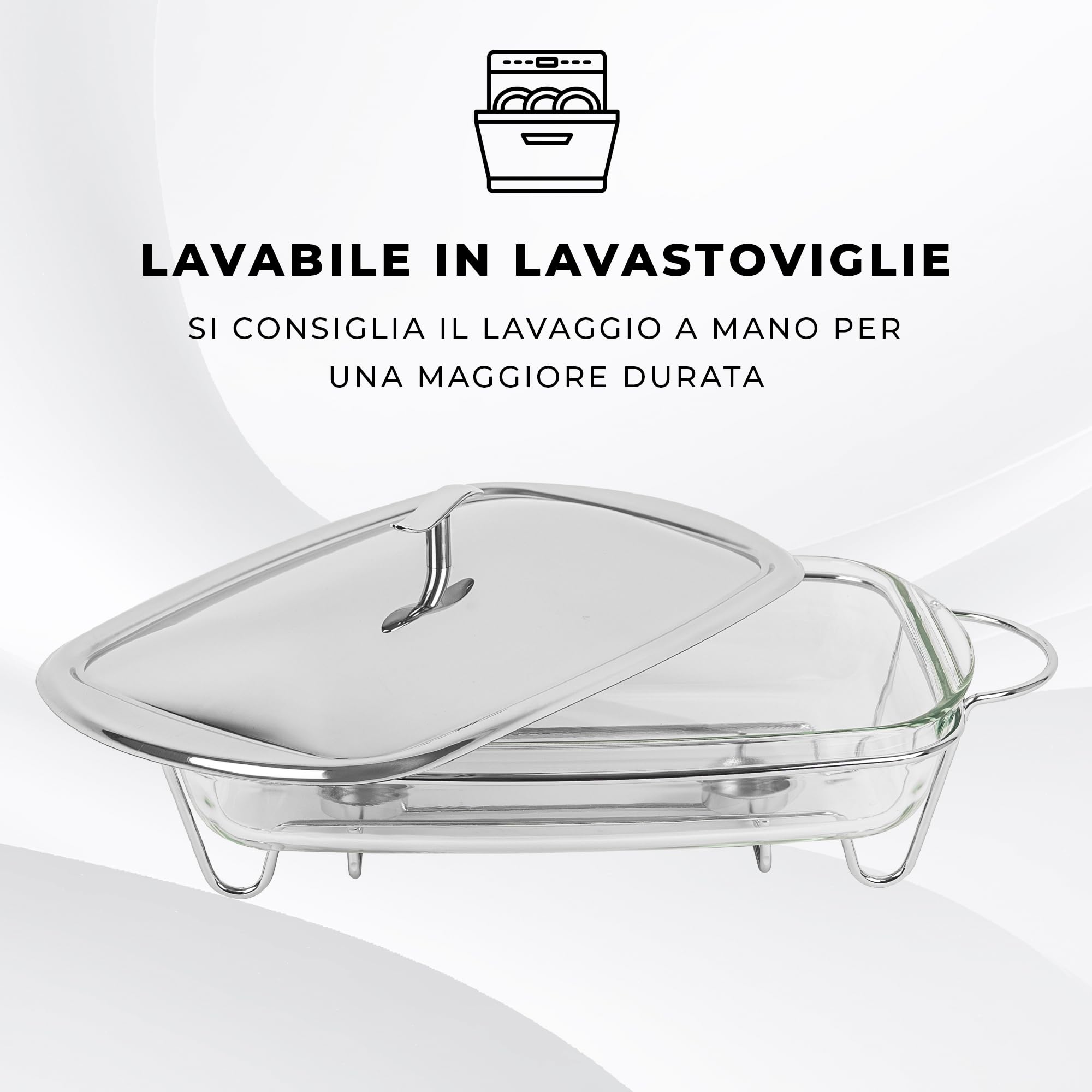KARL HAUSMANN Pirofila con Scaldavivande 3,6L con Coperchio - Pirofila in Vetro con Supporto Riscaldante E Coperchio in Acciaio, Scaldavivande per Buffet, Forno E Servizio A Tavola