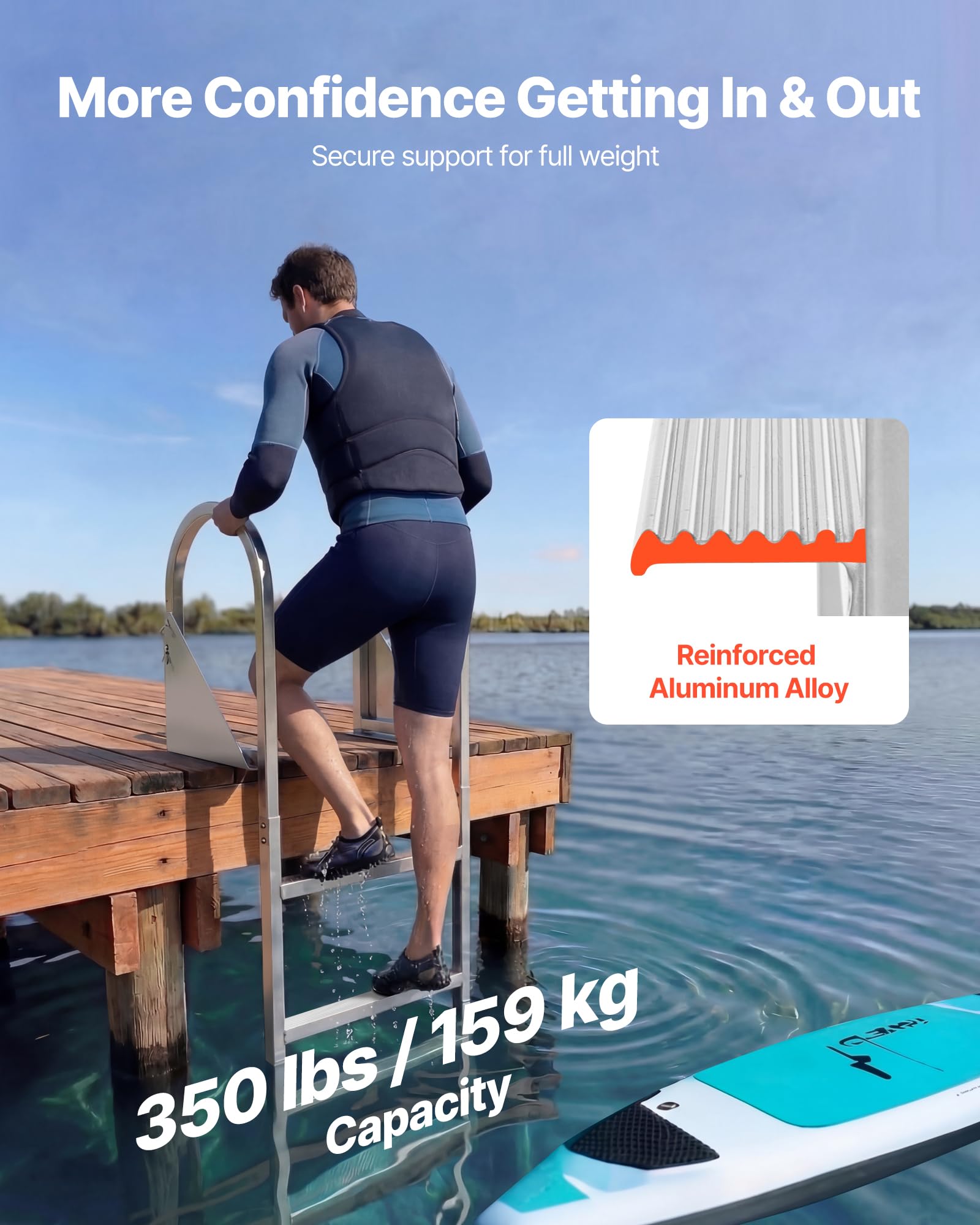VEVOR Drabina pontonowa z 4 stopniami, drabina do pływania ze stopu aluminium do jeziora, łodzi i basenu, z poręczami i liną trakcyjną, maksymalne obciążenie. 159 kg, stopnie antypoślizgowe