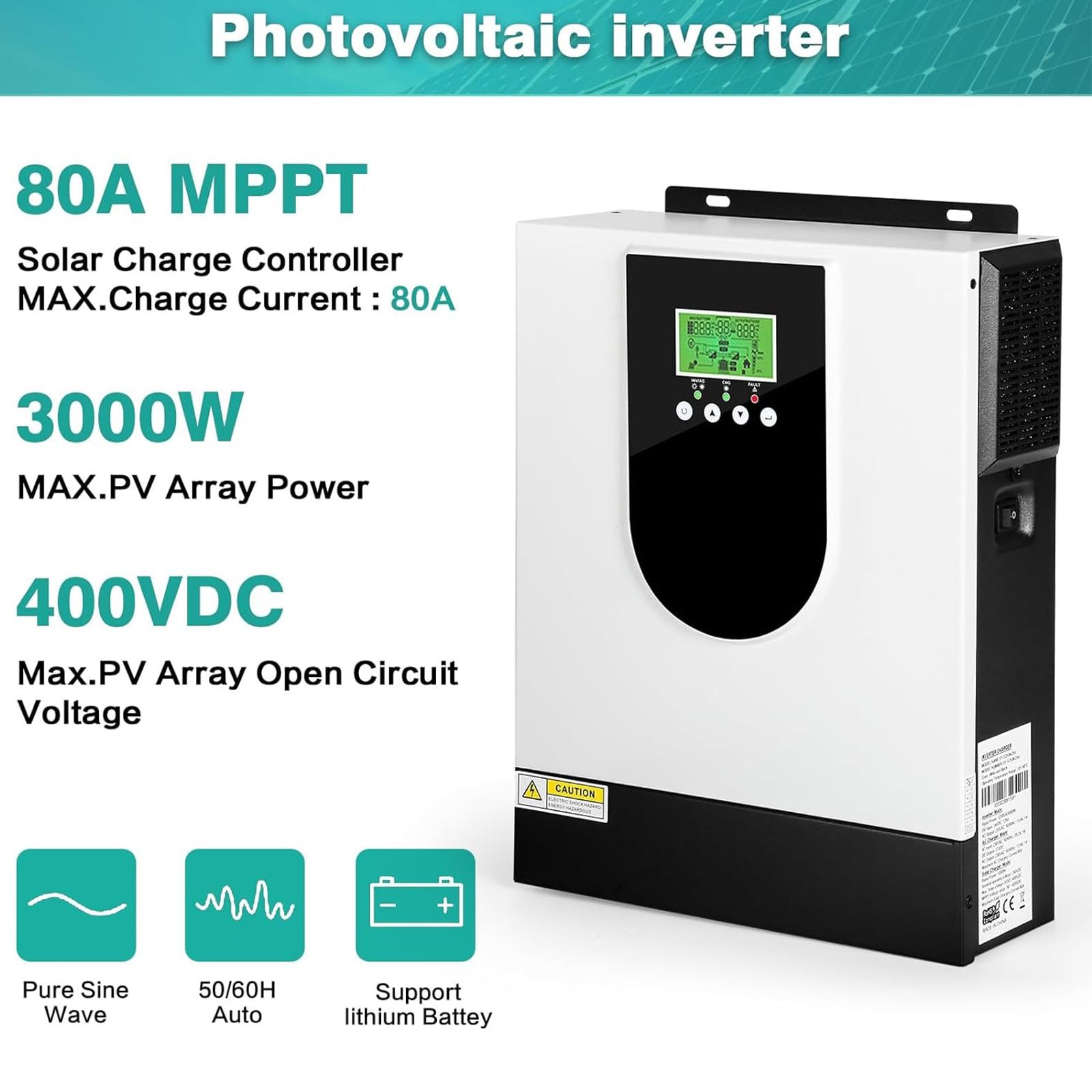 Inversor híbrido de 3000W, inversor Solar híbrido 24V AC230V con Controlador de Carga Solar MPPT de 80A, Entrada PV 30-400VDC